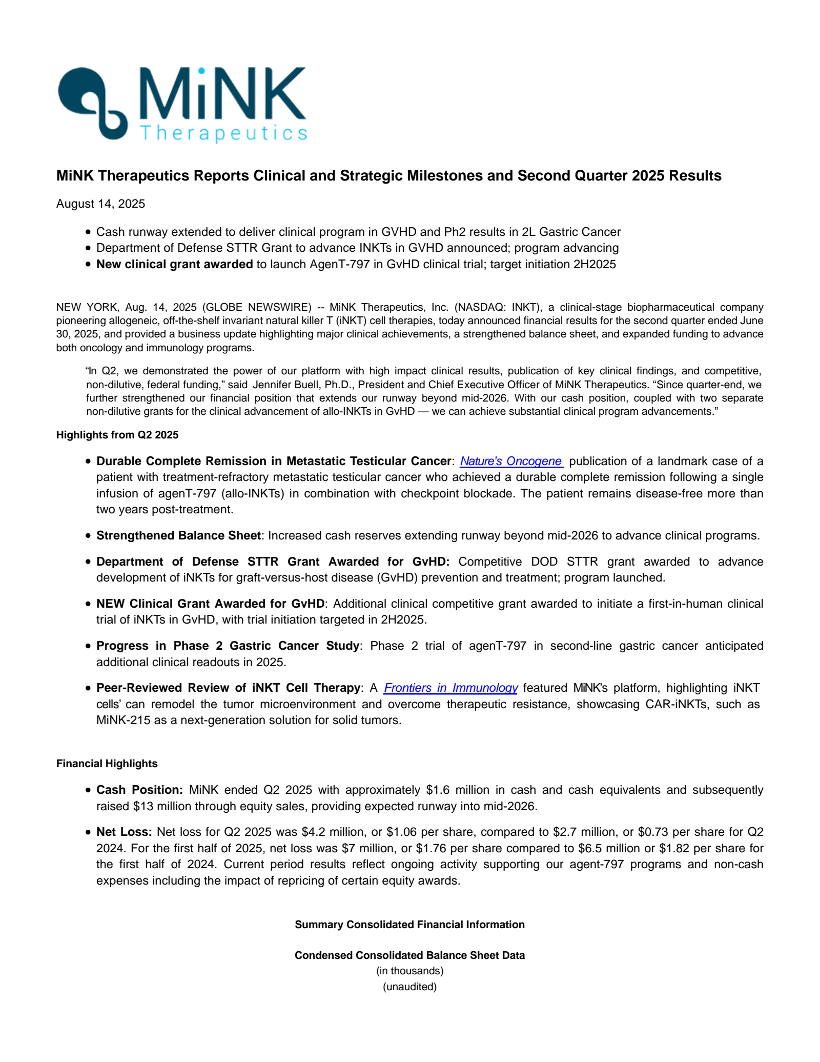 MiNK Therapeutics' Q2 2025 Press Release