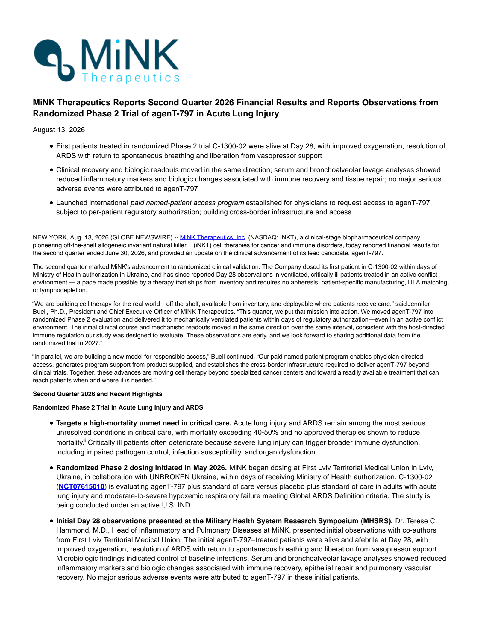 MiNK Therapeutics' Q2 2026 Press Release