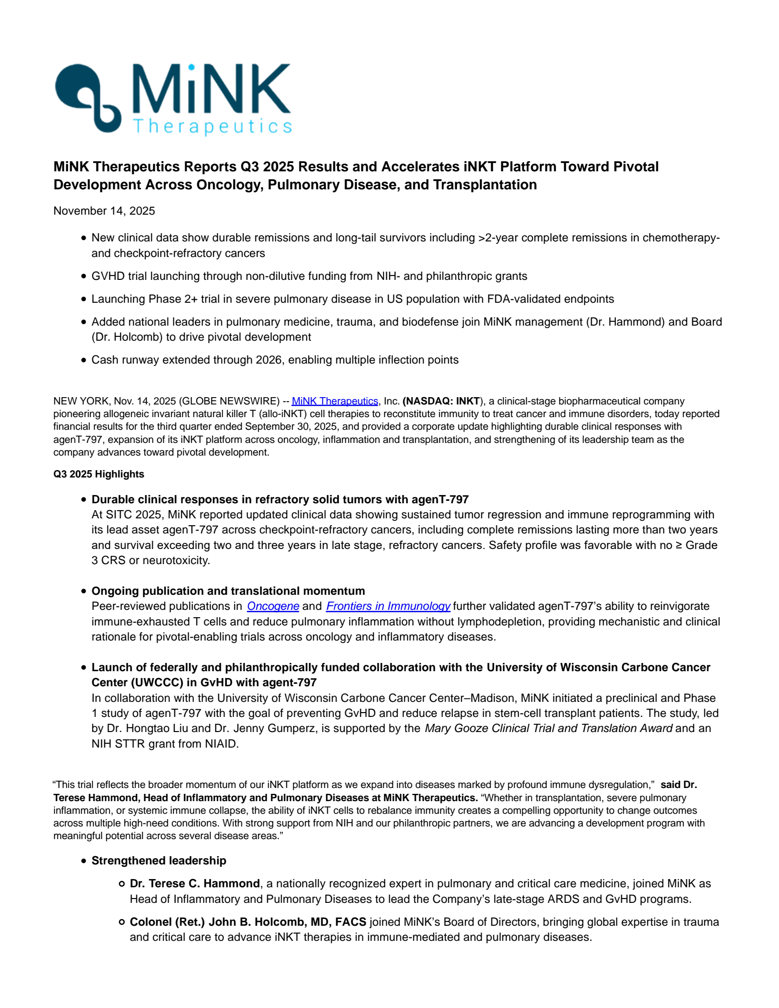 MiNK Therapeutics' Q3 2025 Earnings Release