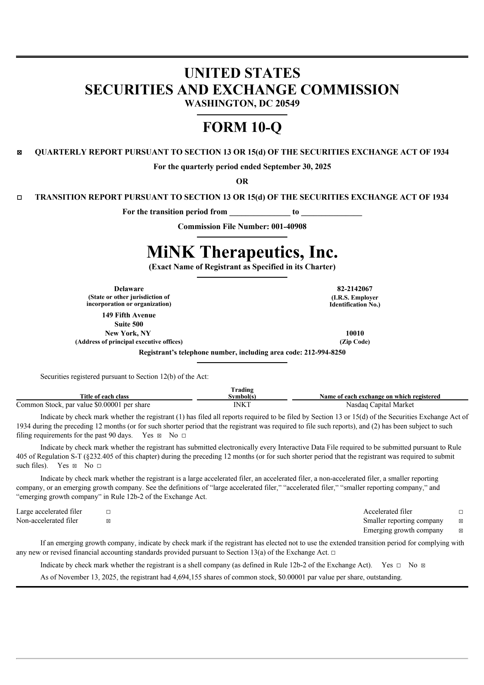 MiNK Therapeutics' Q3 2025 Quarterly Report