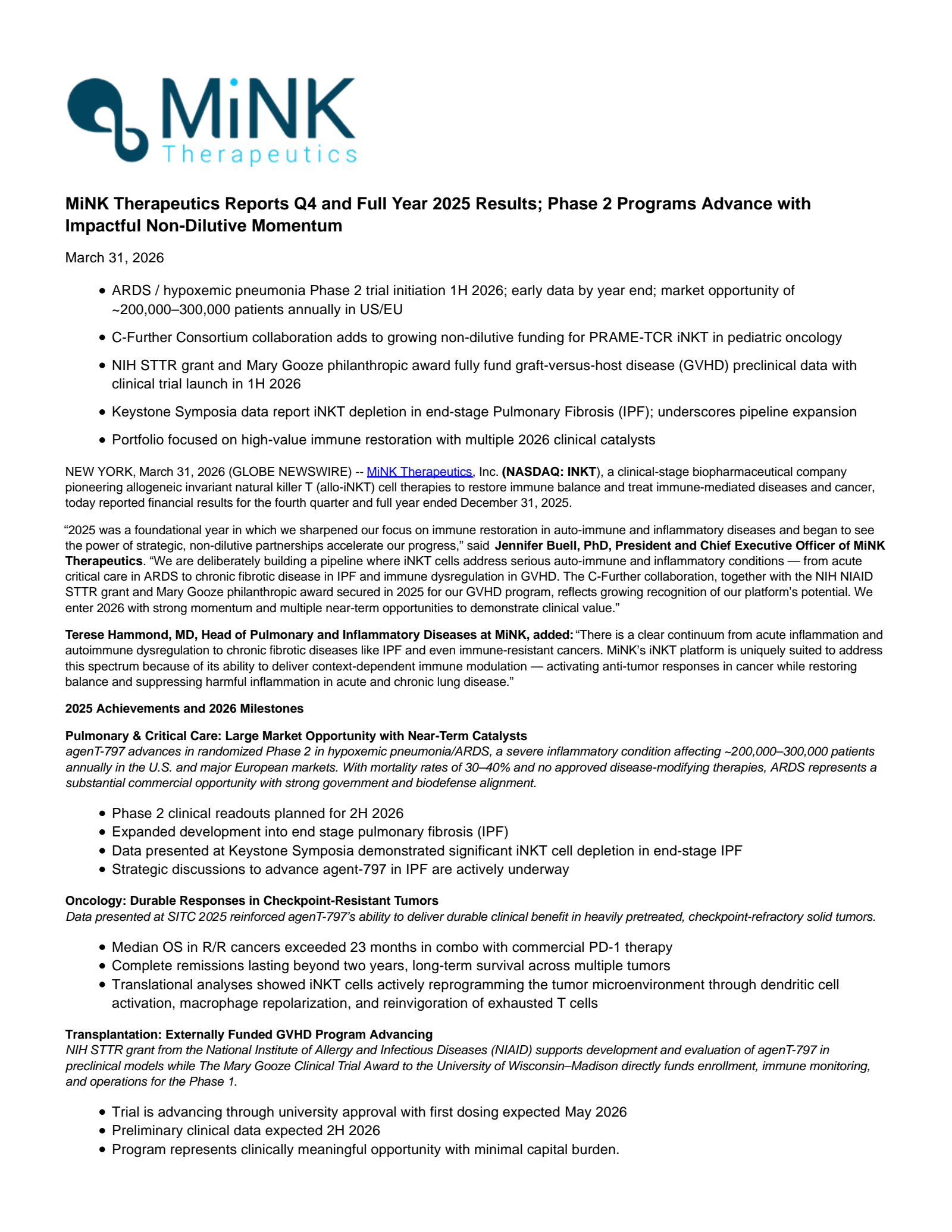 MiNK Therapeutics' Q4 2025 Press Release