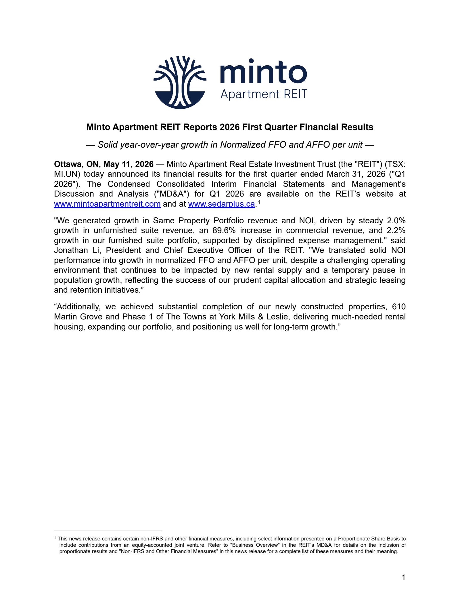 Minto Apartment Real Estate Invt Trust's Q1 2026 Press Release