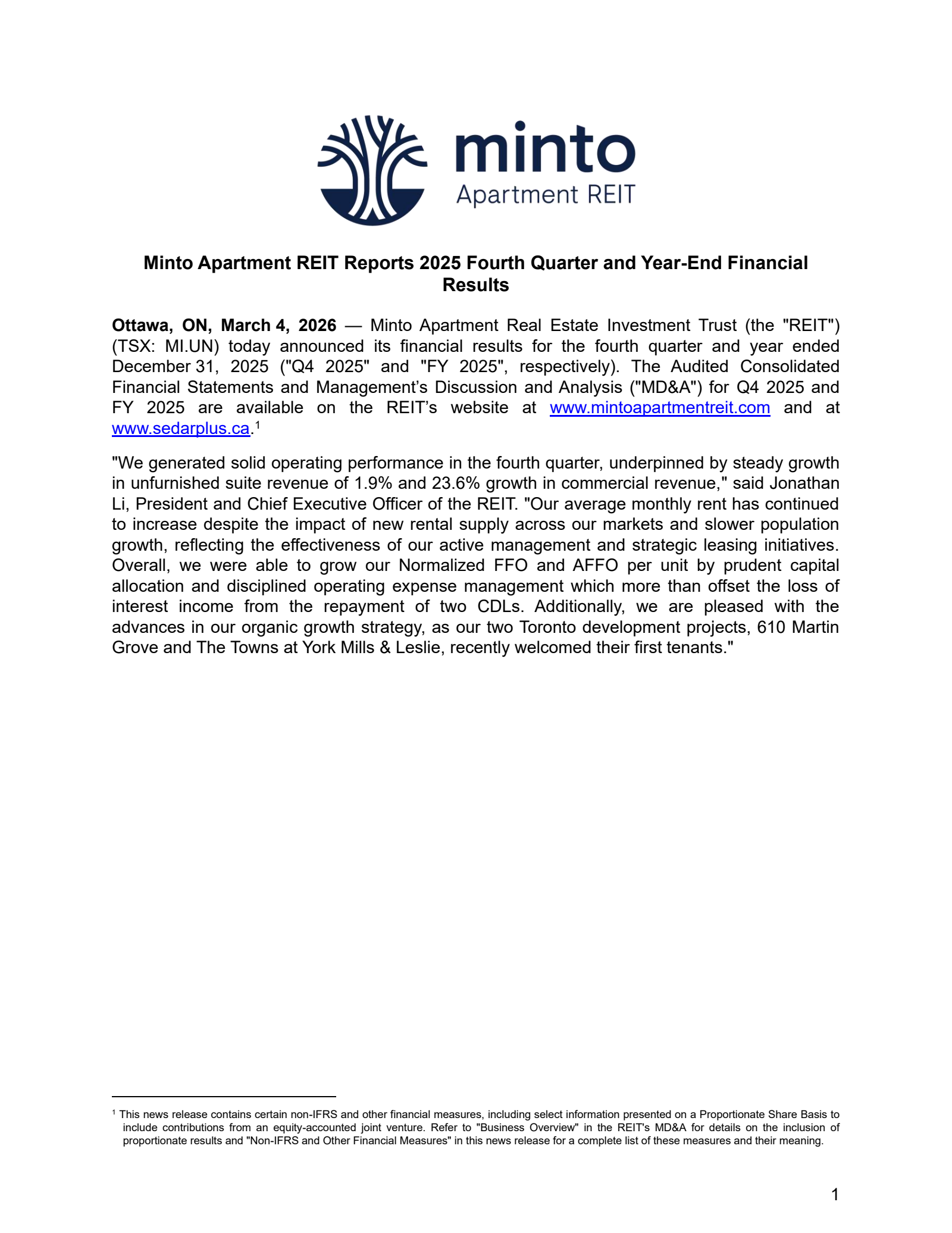 Minto Apartment Real Estate Invt Trust's Q4 2025 Press Release