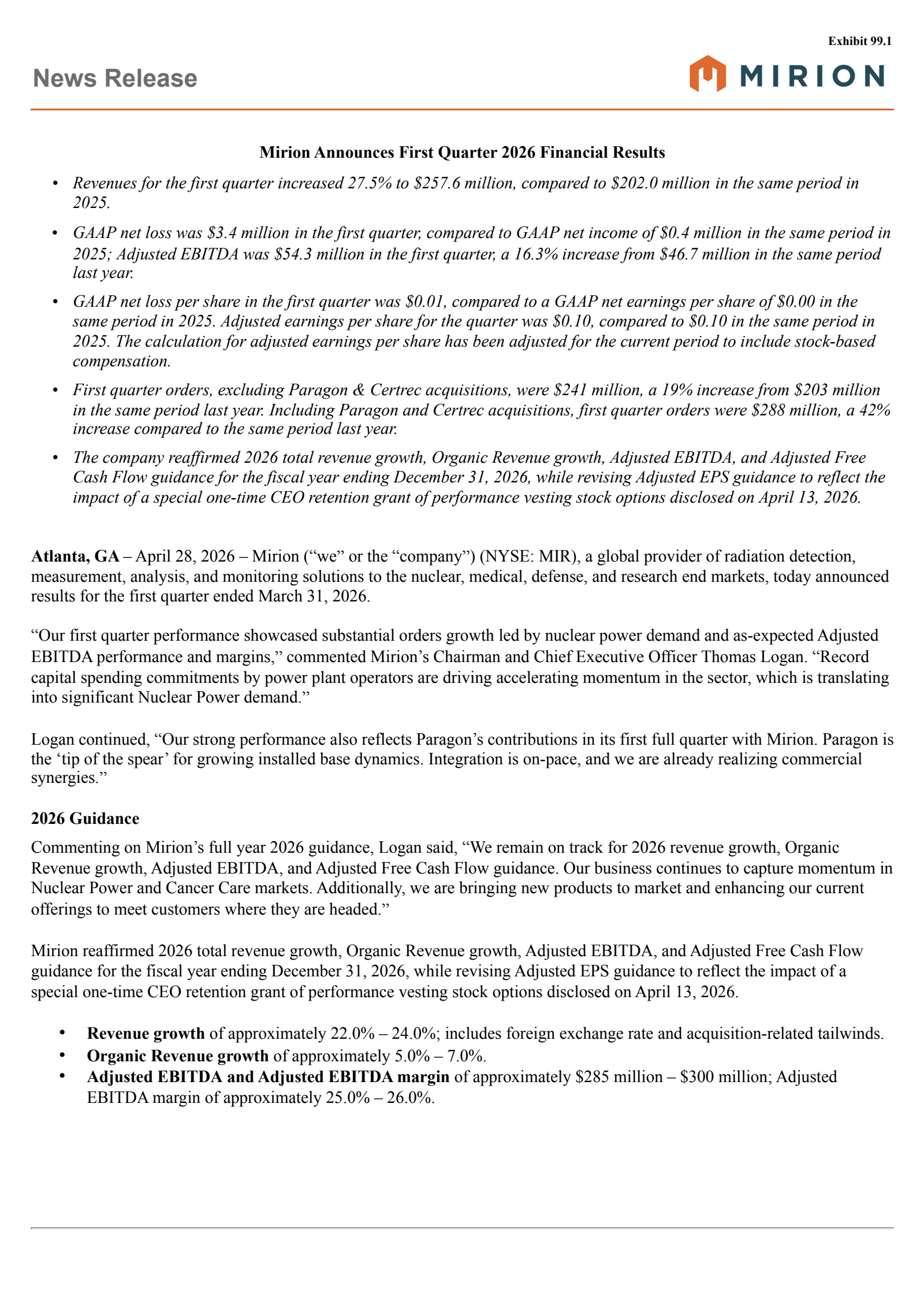 Mirion Technologies' Q1 2026 Press Release
