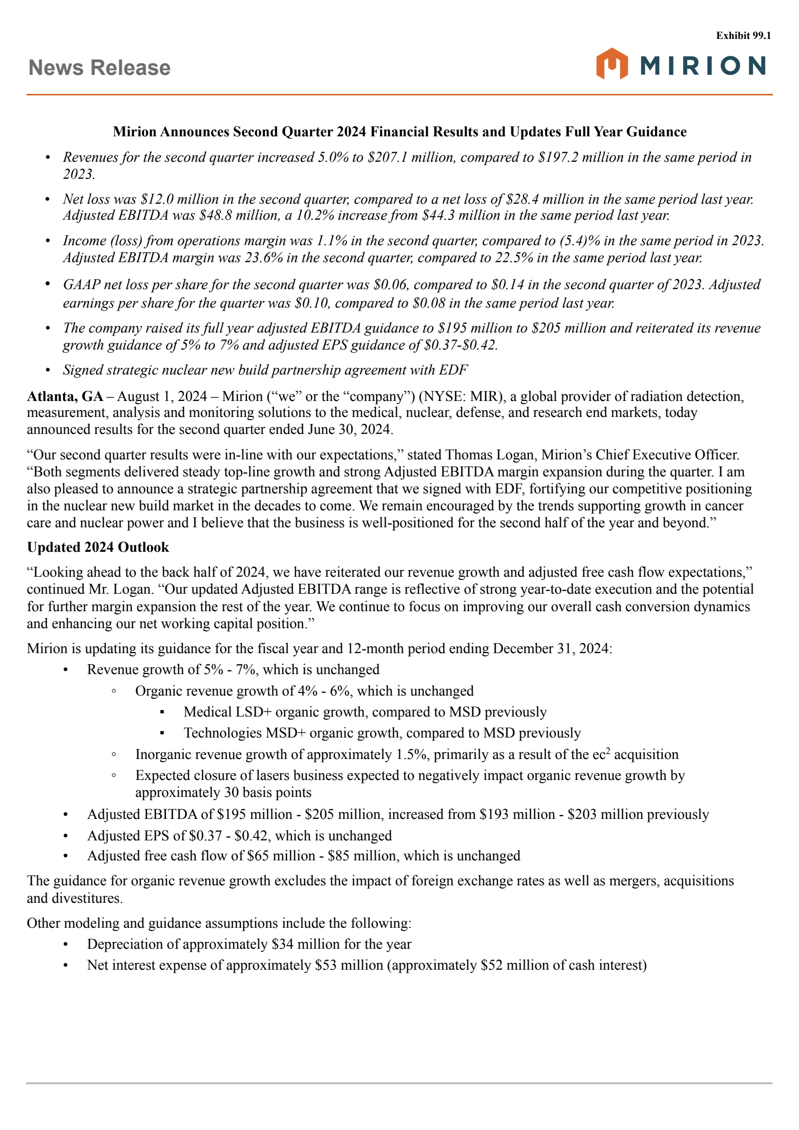 Mirion Technologies' Q2 2024 Press Release