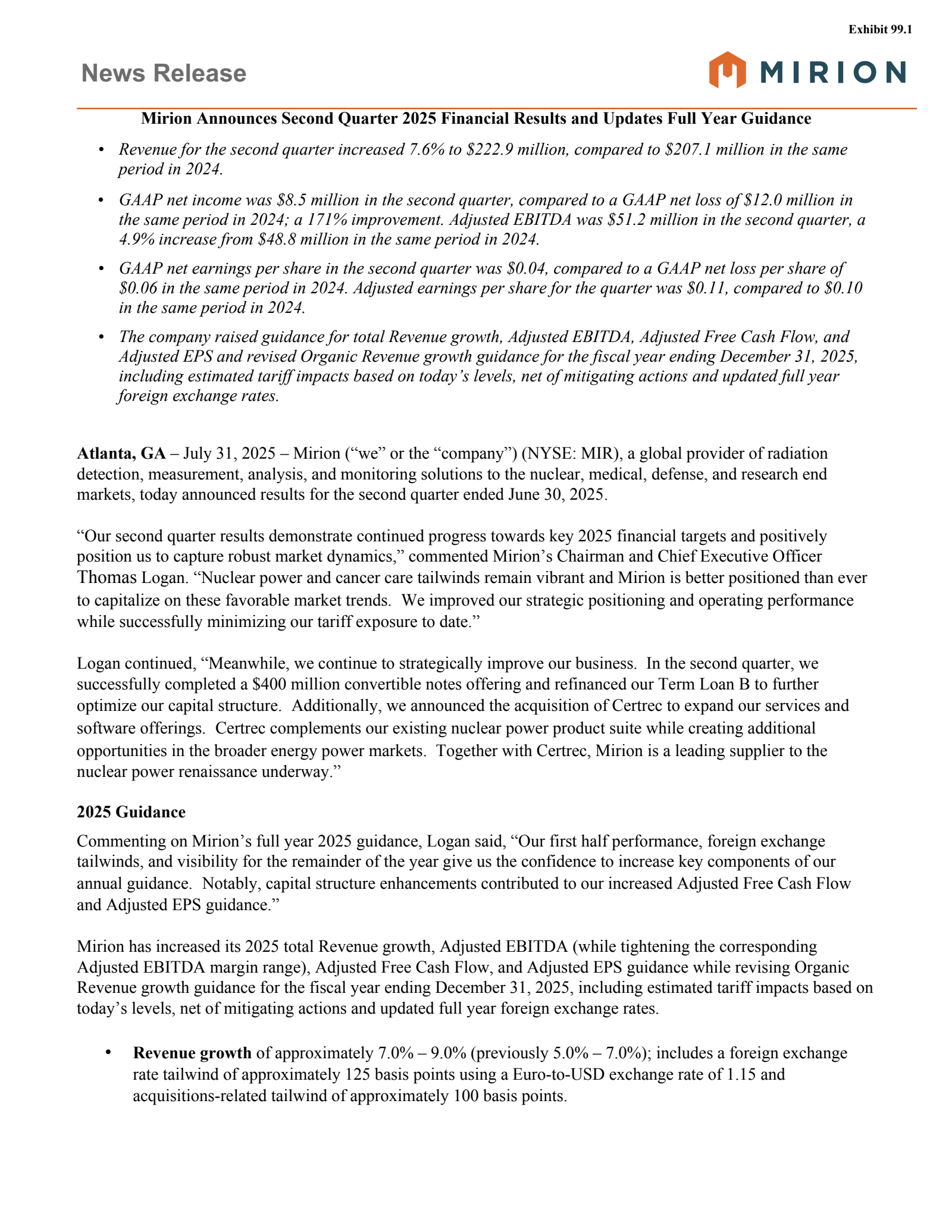 Mirion Technologies' Q2 2025 Press Release