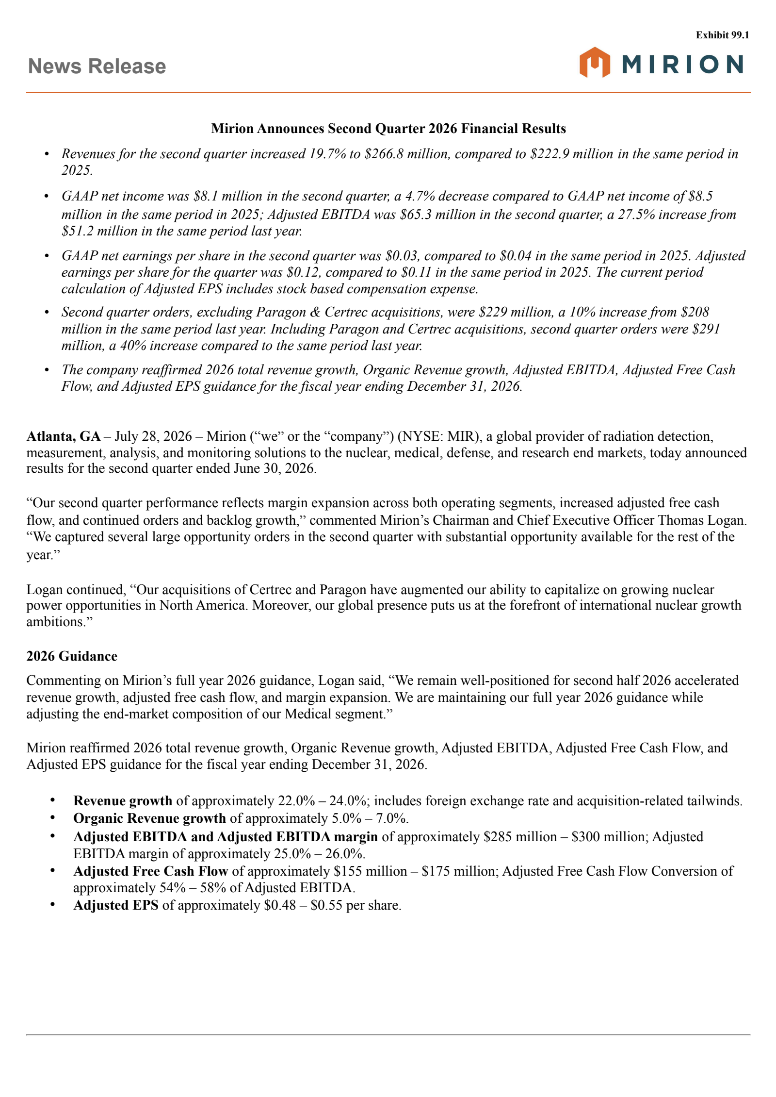 Mirion Technologies' Q2 2026 Press Release