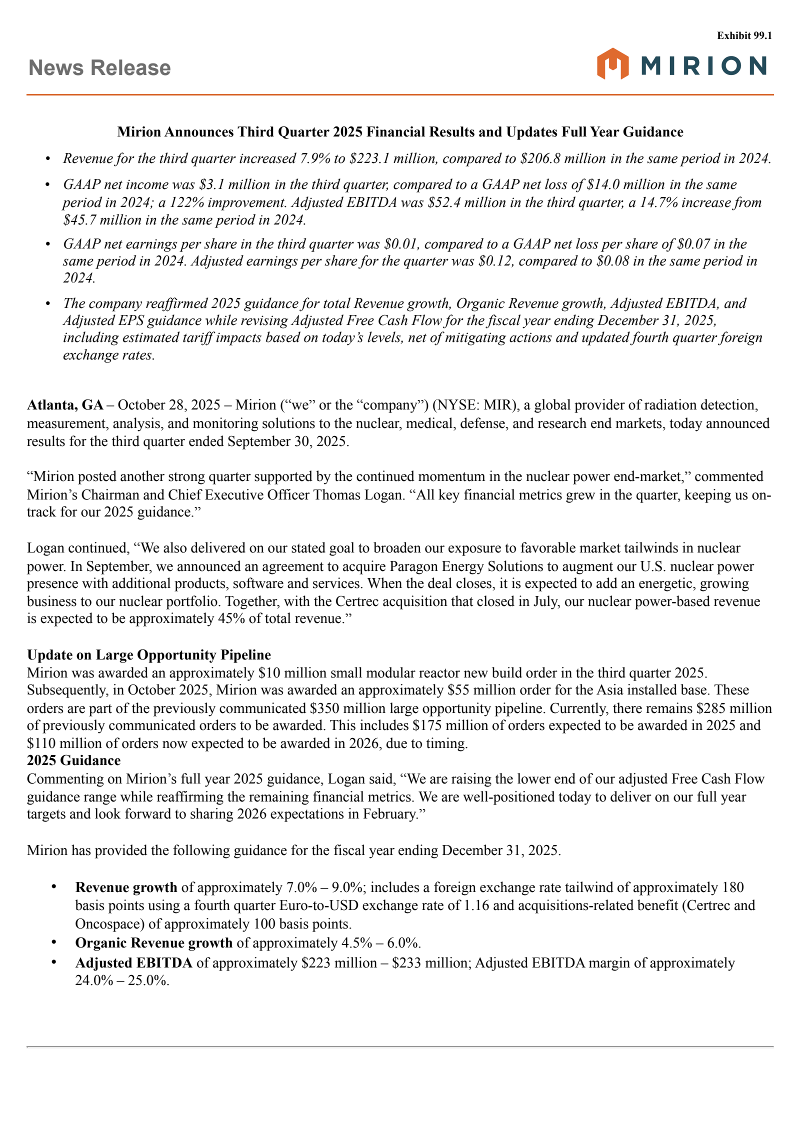 Mirion Technologies' Q3 2025 Earnings Release