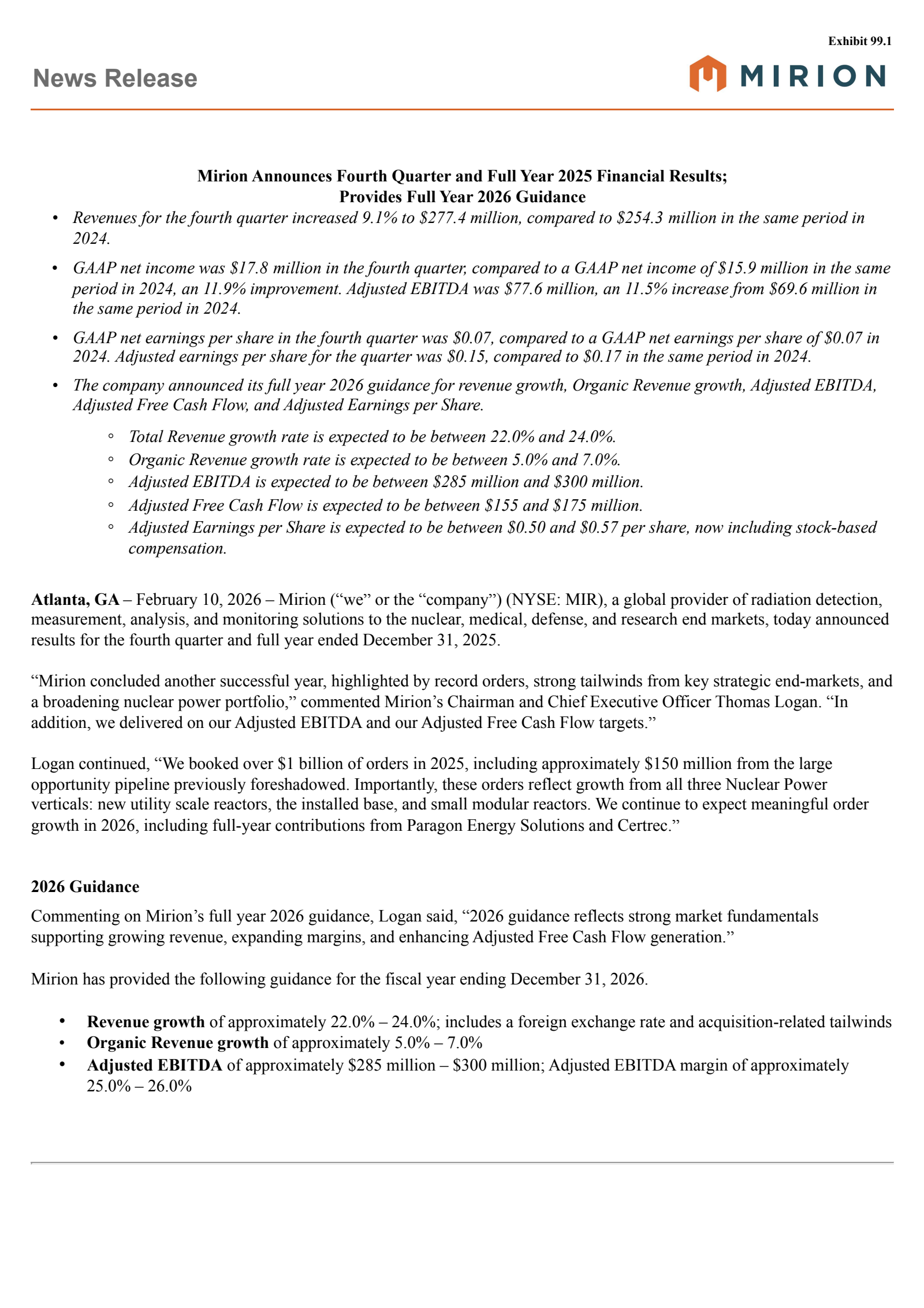 Mirion Technologies' Q4 2025 Press Release