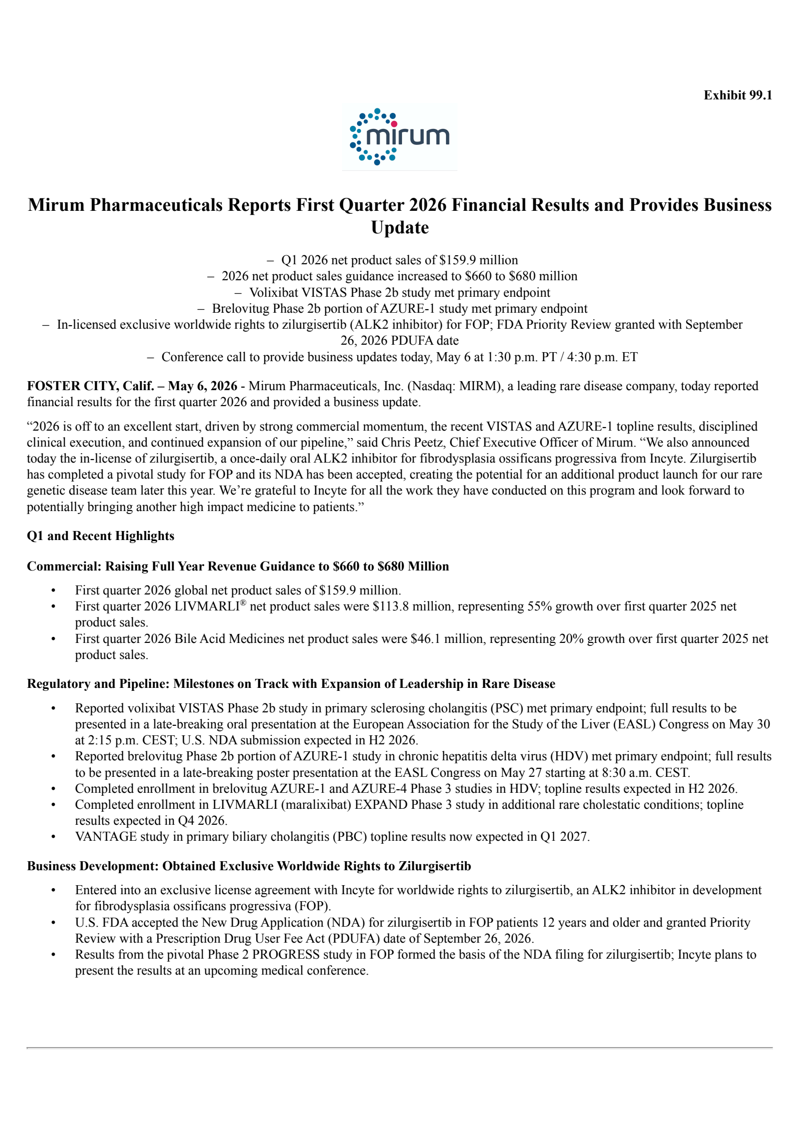Mirum Pharmaceuticals' Q1 2026 Press Release