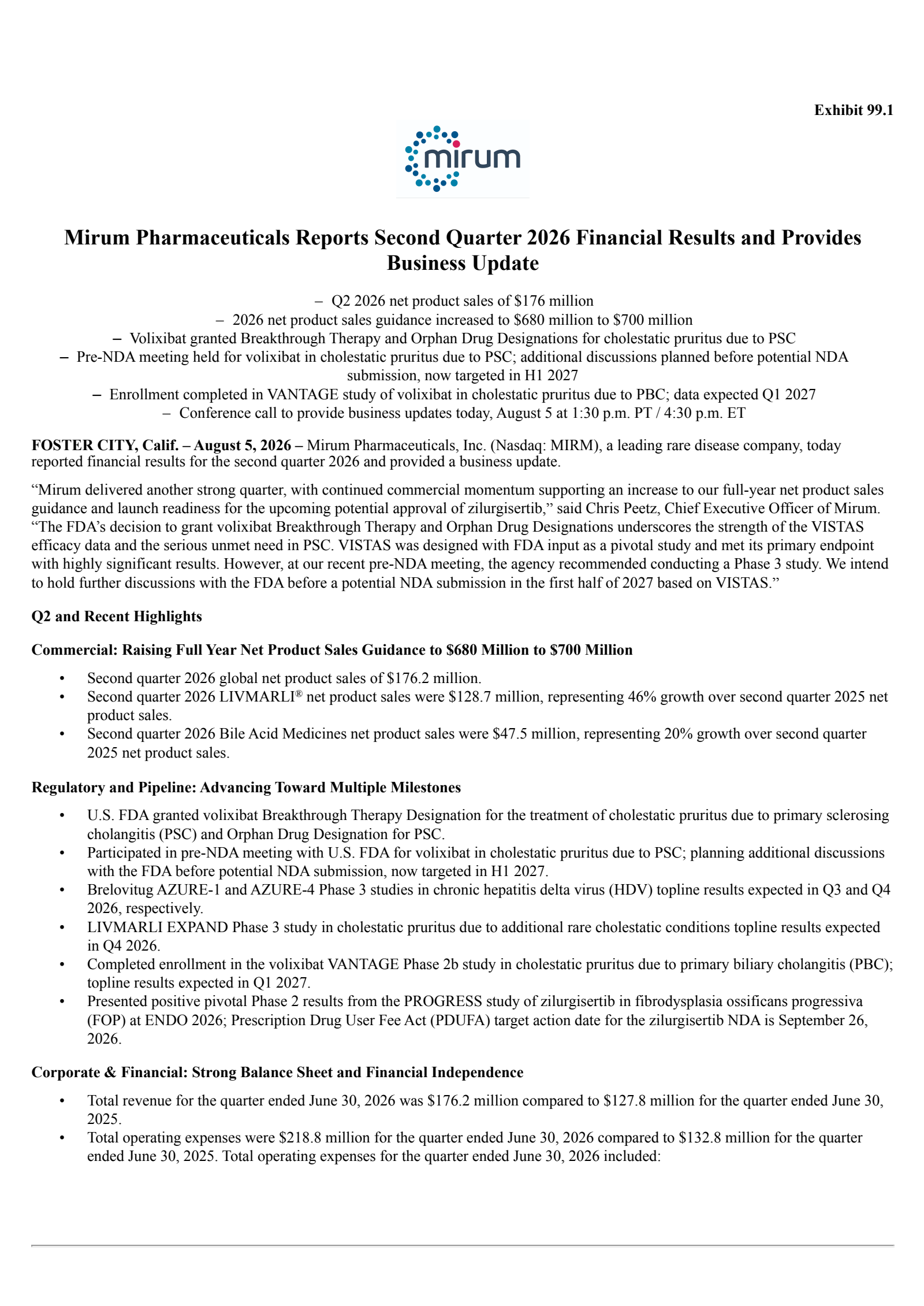 Mirum Pharmaceuticals' Q2 2026 Press Release
