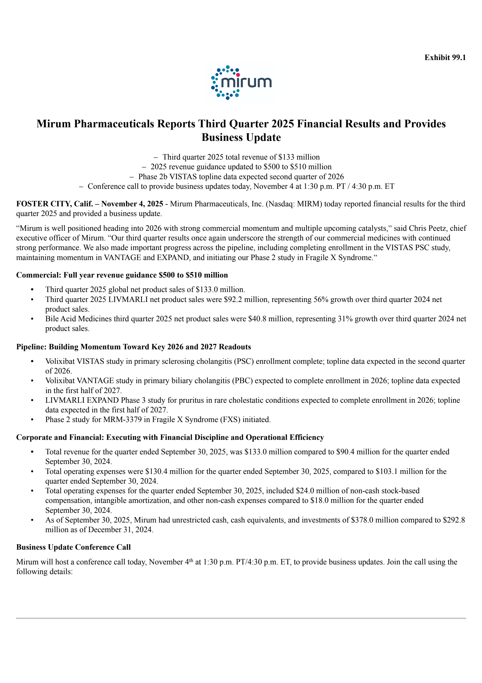 Mirum Pharmaceuticals' Q3 2025 Earnings Release