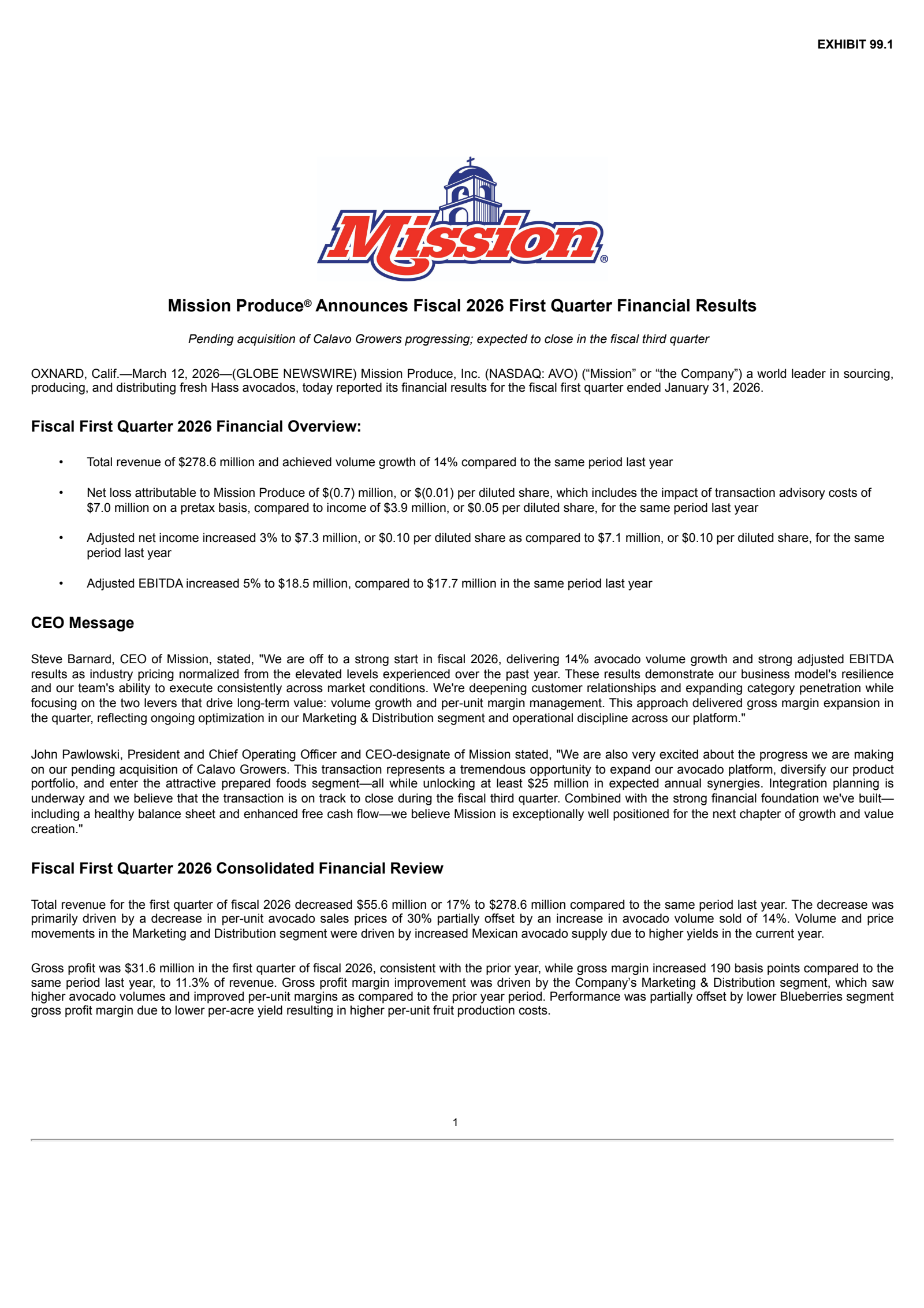 Mission Produce's Q1 2026 Press Release