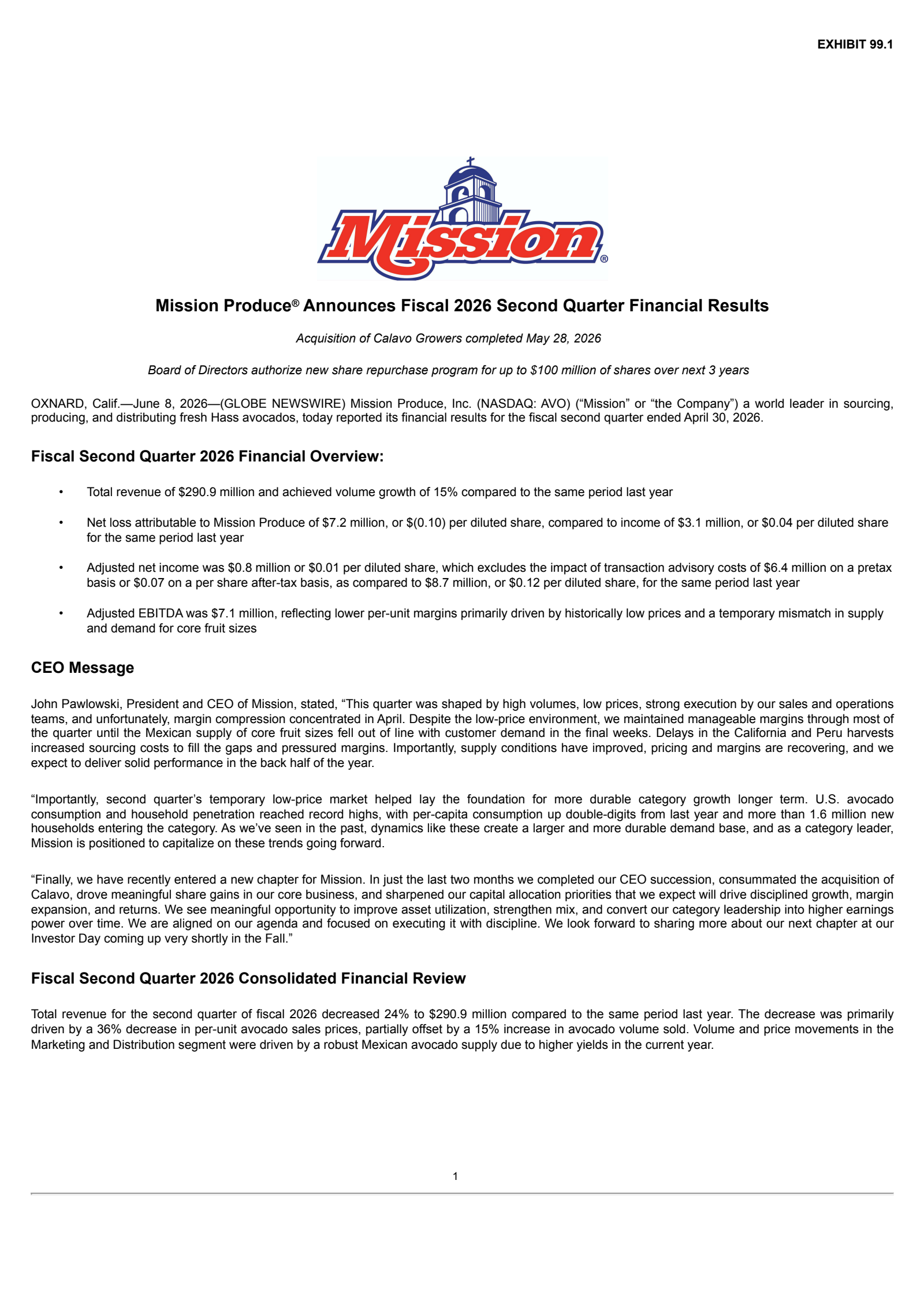 Mission Produce's Q2 2026 Press Release