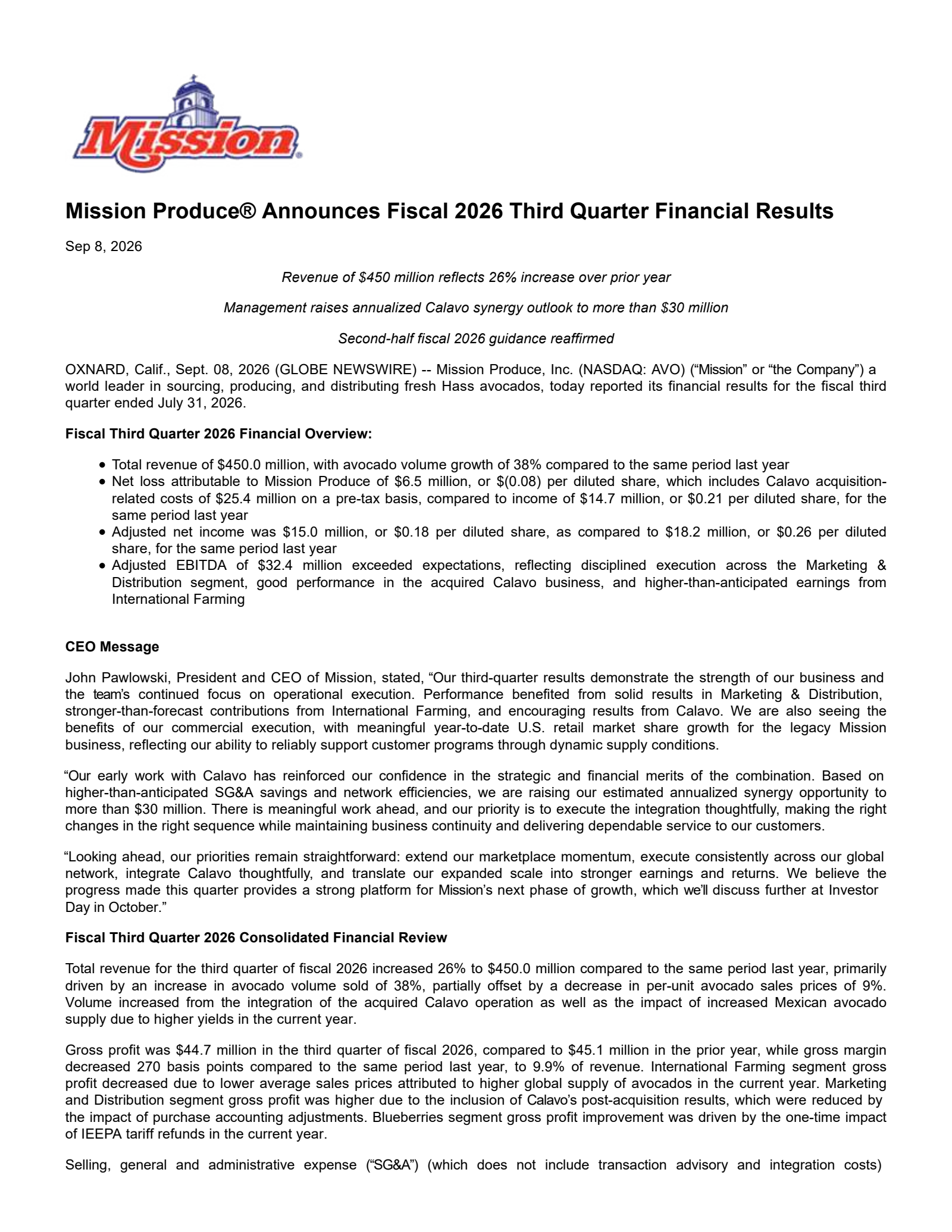 Mission Produce's Q3 2026 Press Release