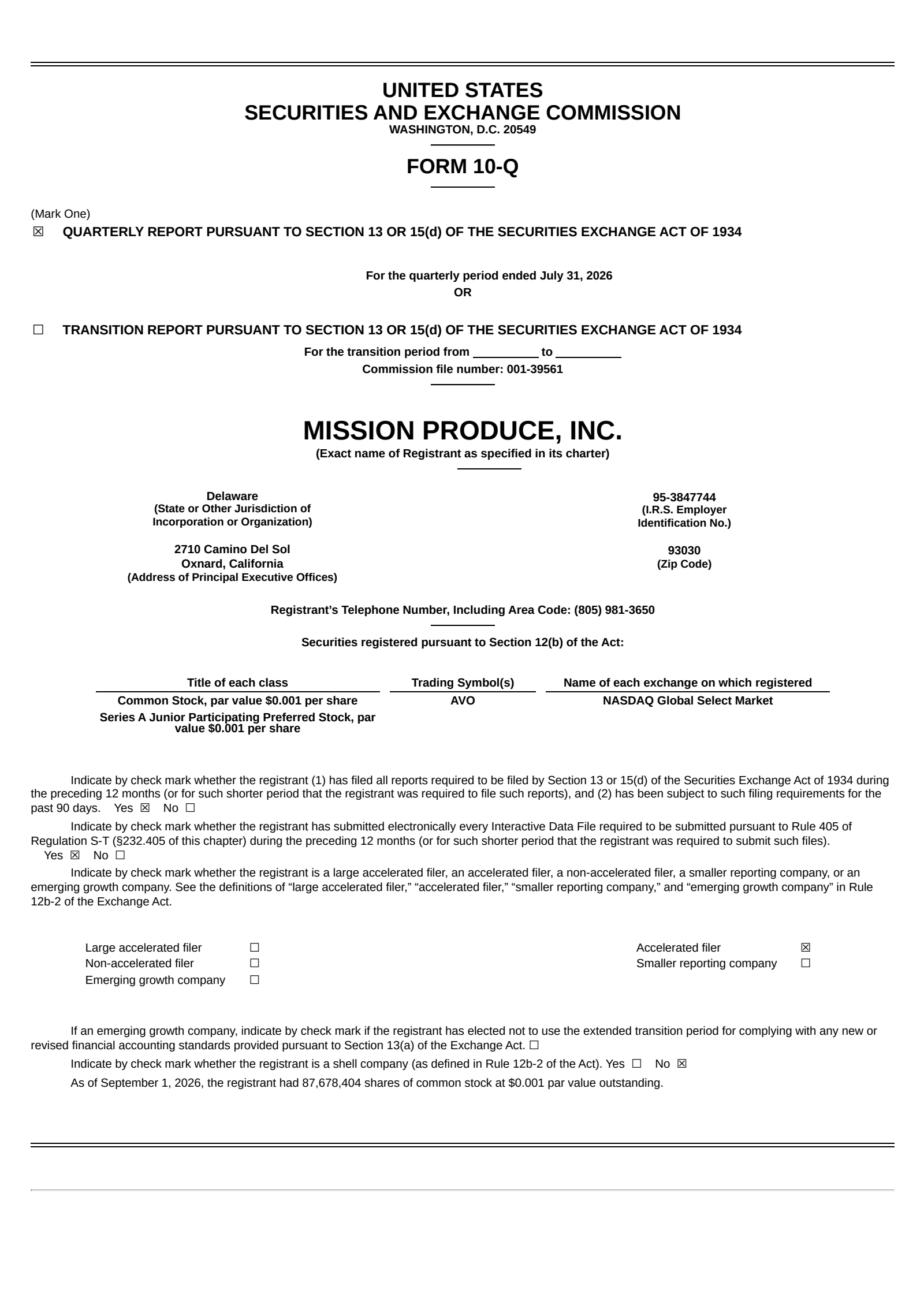 Mission Produce's Q3 2026 Quarterly report