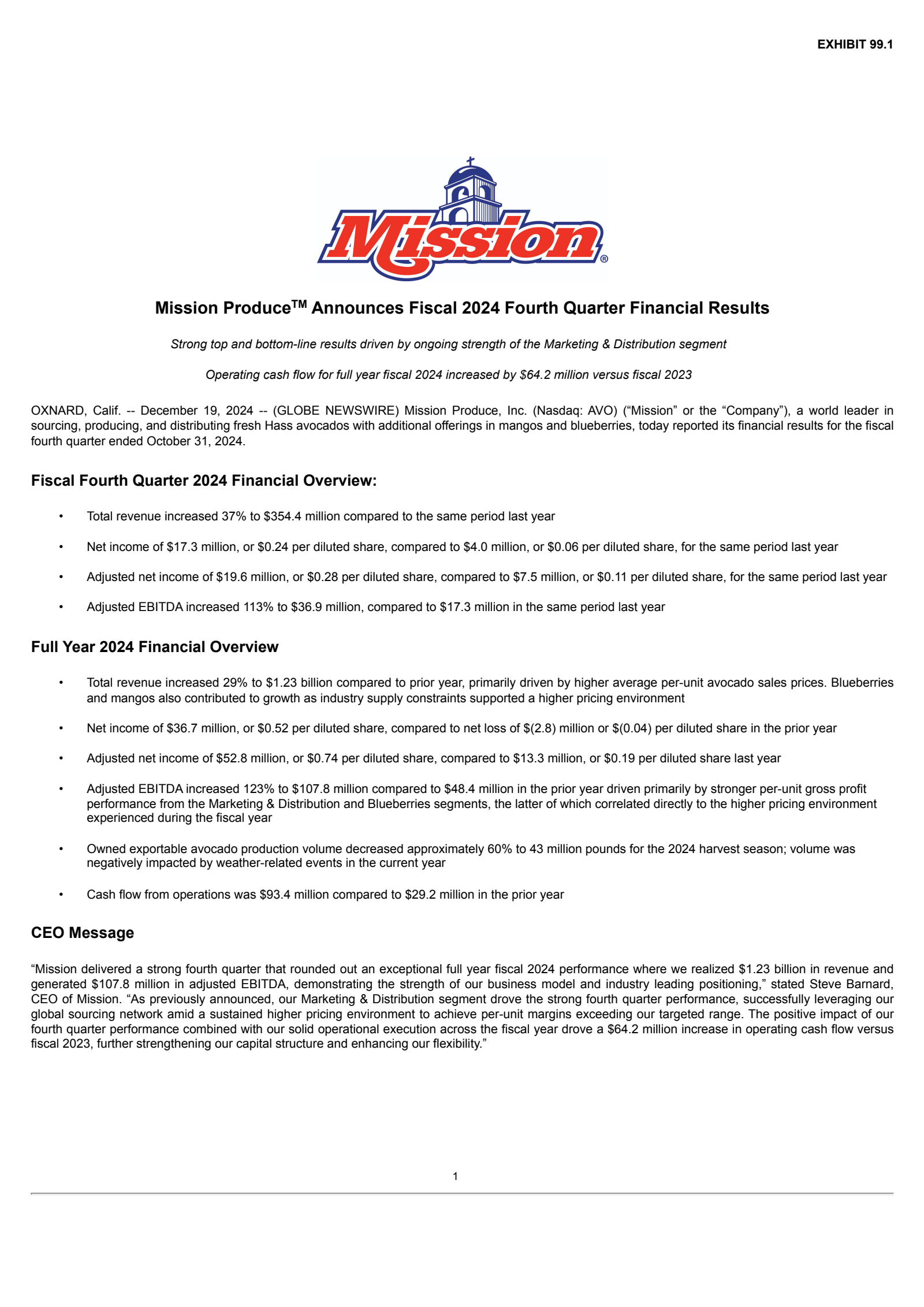 Mission Produce's Q4 2024 Press Release