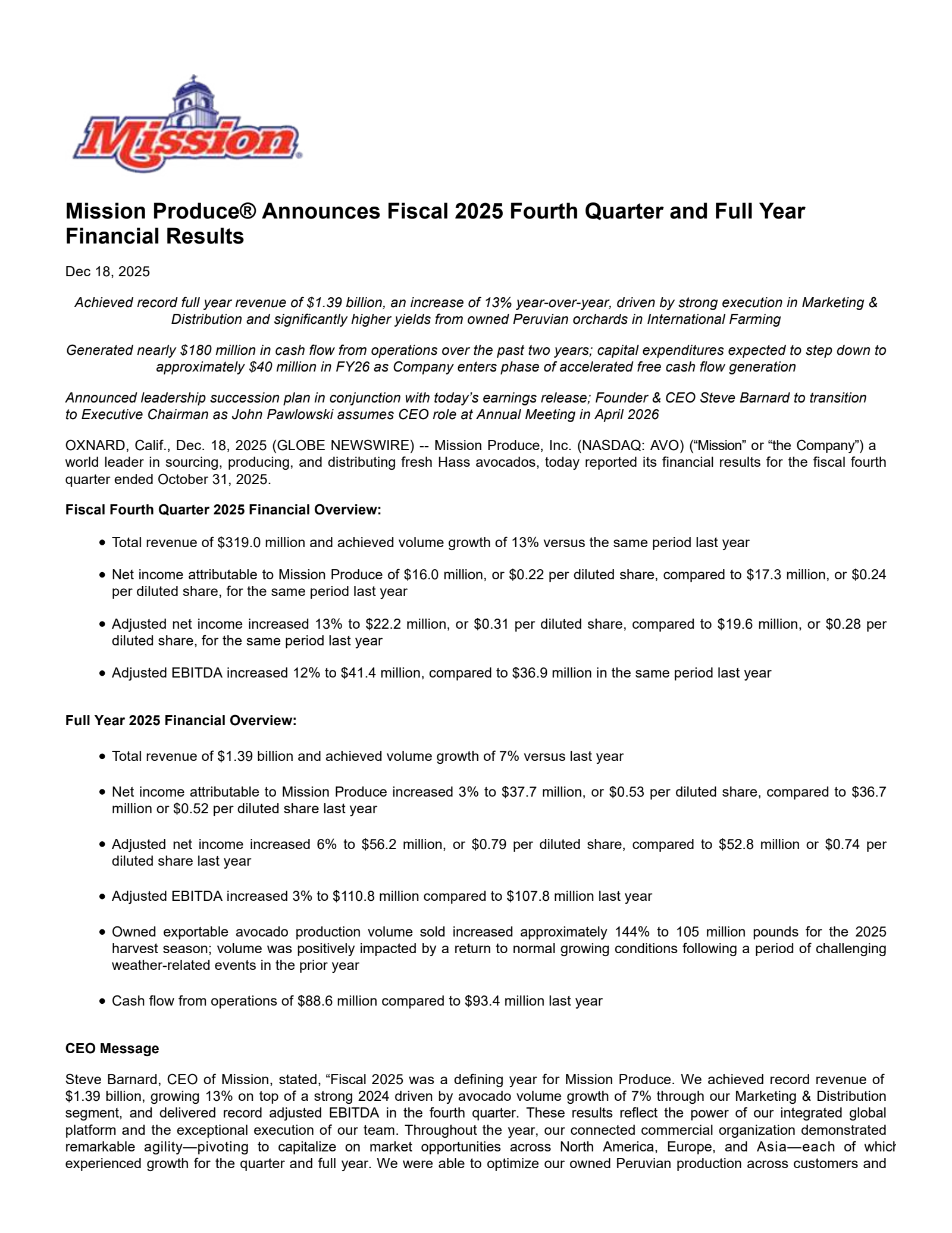 Mission Produce's Q4 2025 Earnings Release