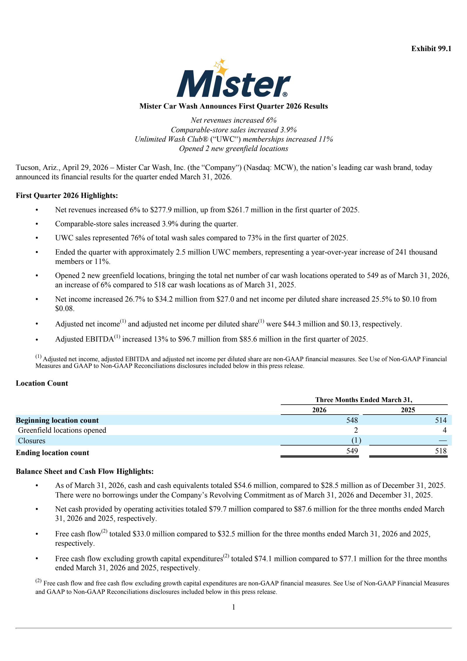 Mister Car Wash's Q1 2026 Press Release
