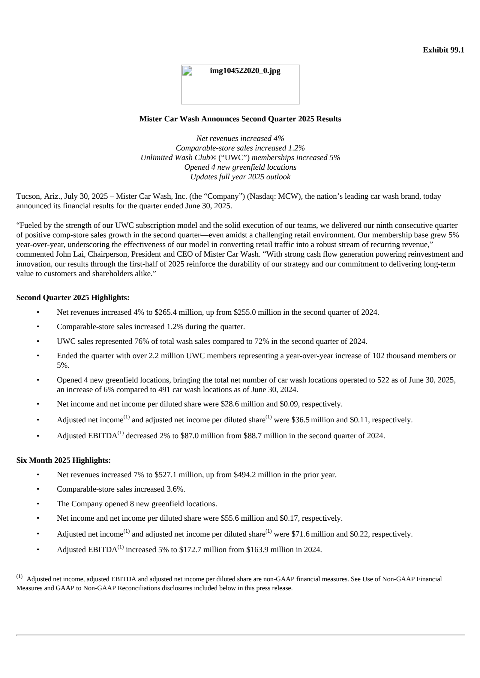 Mister Car Wash's Q2 2025 Press Release