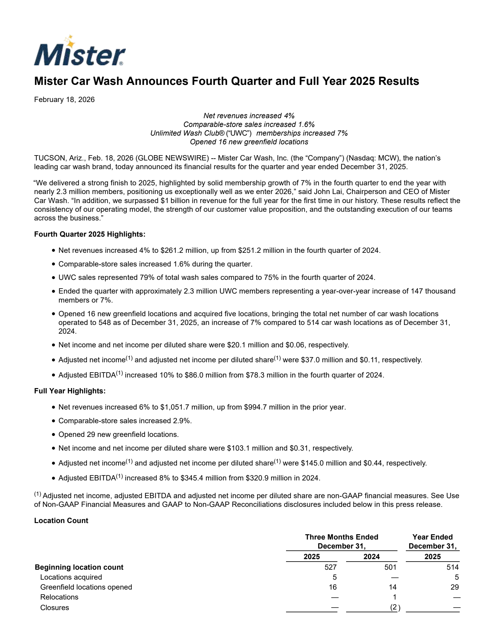 Mister Car Wash's Q4 2025 Press Release