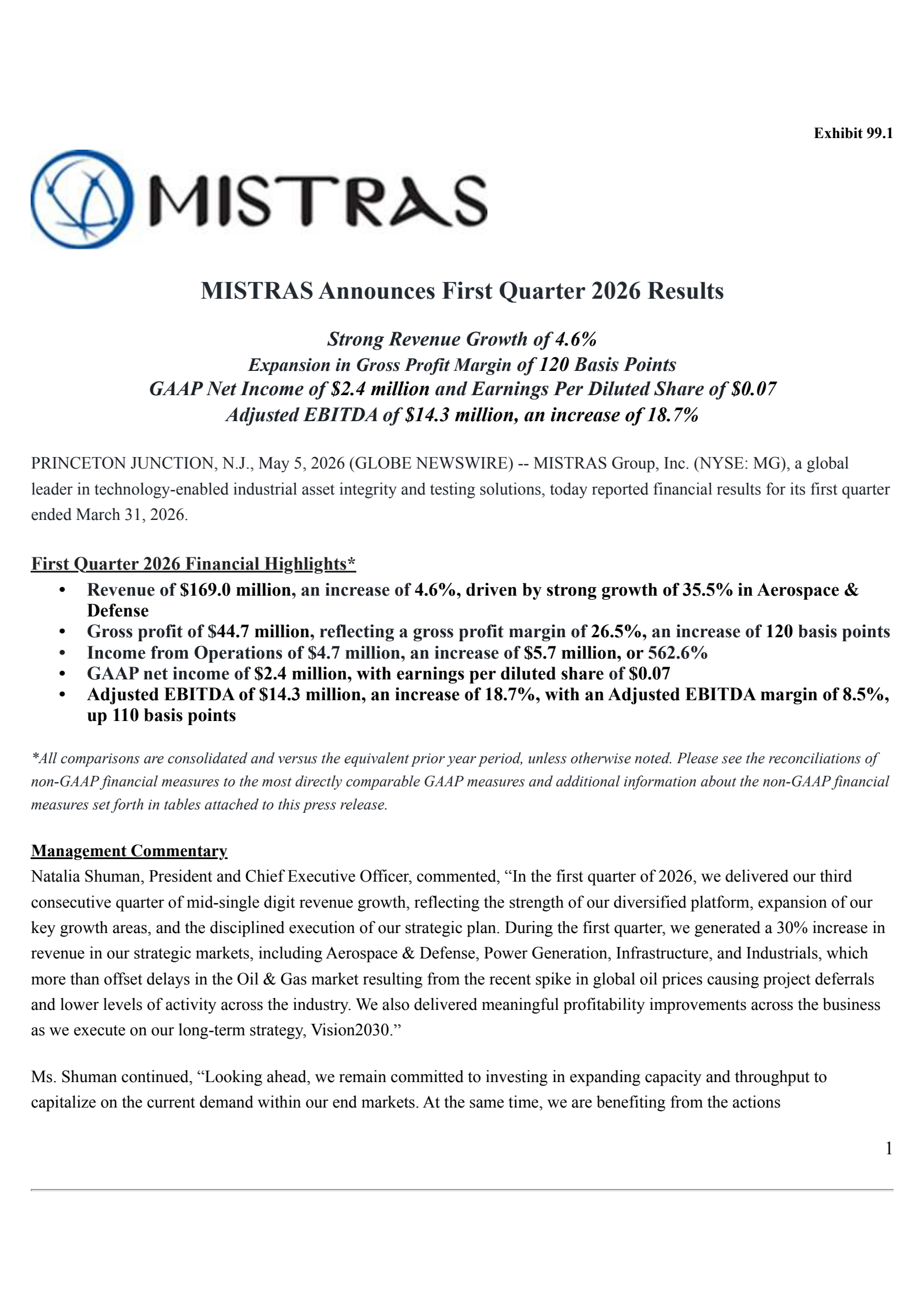 Mistras Group's Q1 2026 Press Release