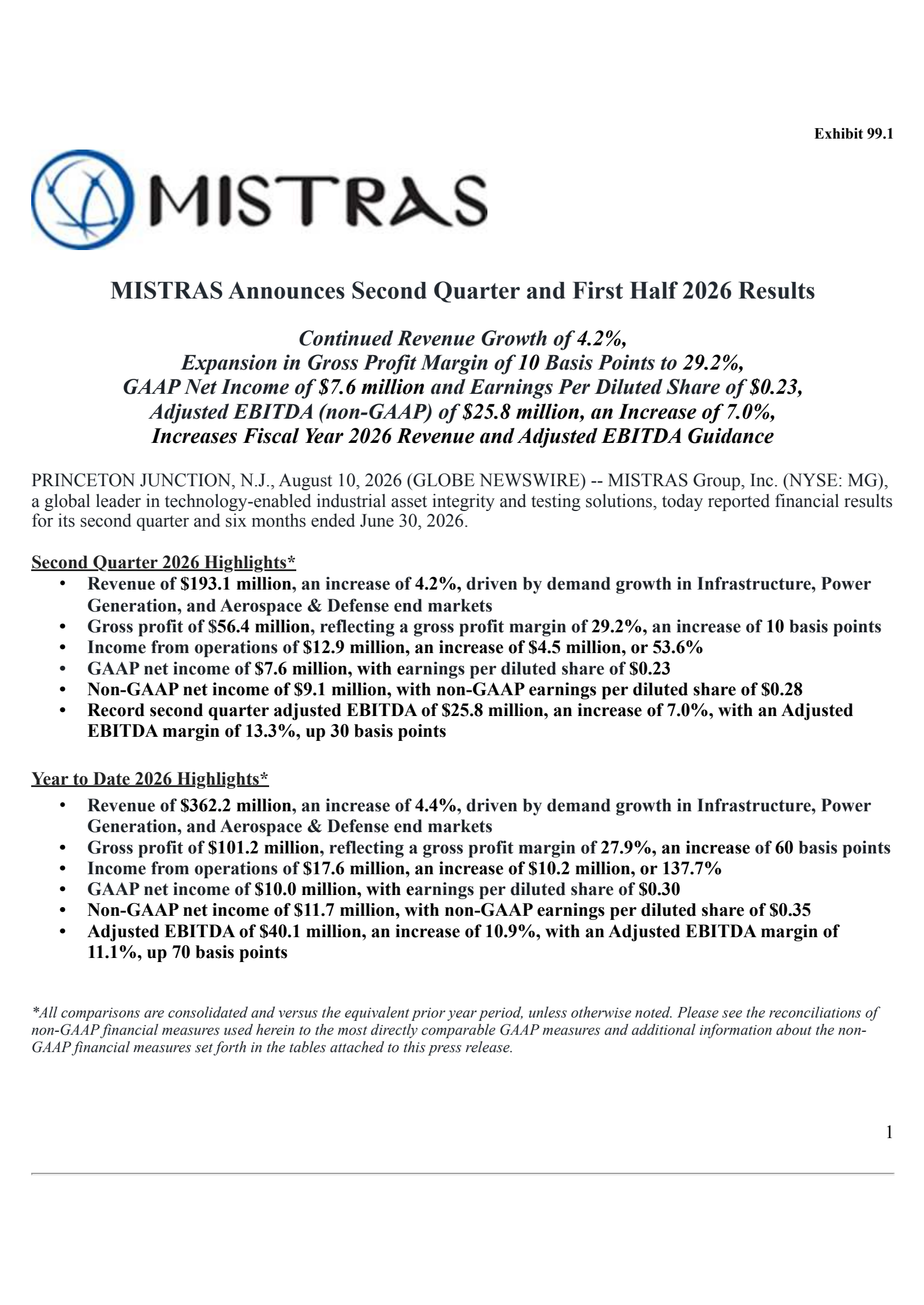 Mistras Group's Q2 2026 Press Release