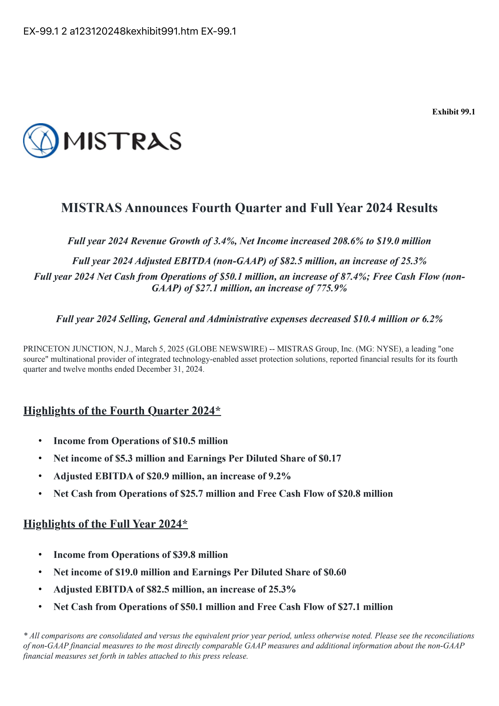 Mistras Group's Q4 2024 Press Release