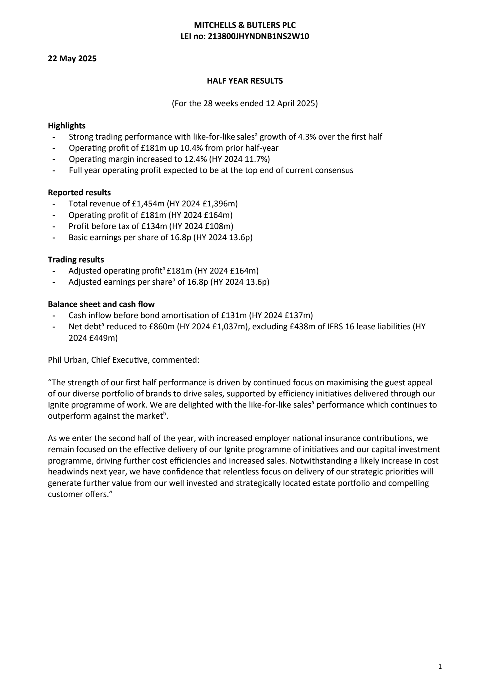 Mitchells & Butlers' H1 2025 Press Release