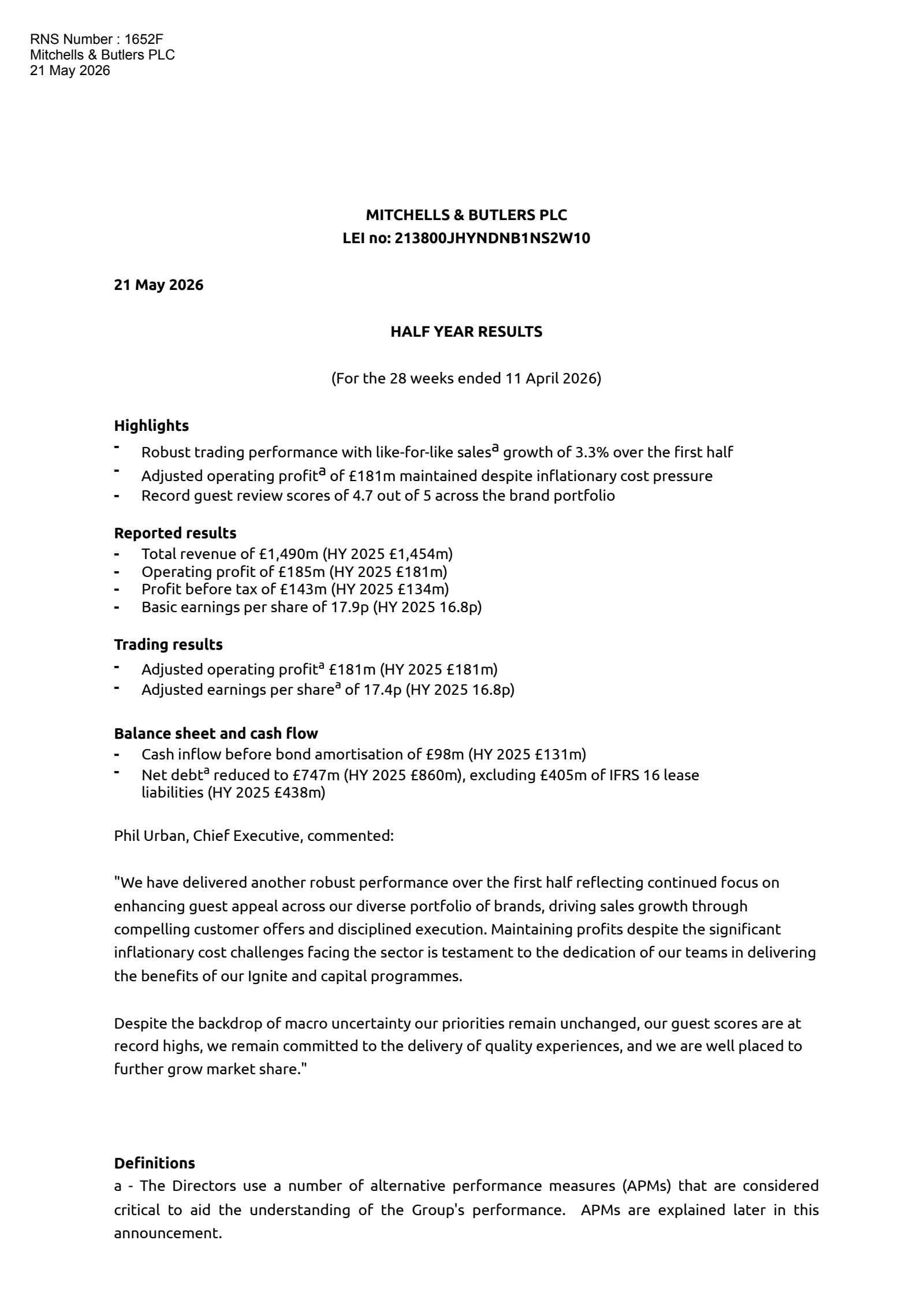Mitchells & Butlers' H1 2026 Interim report