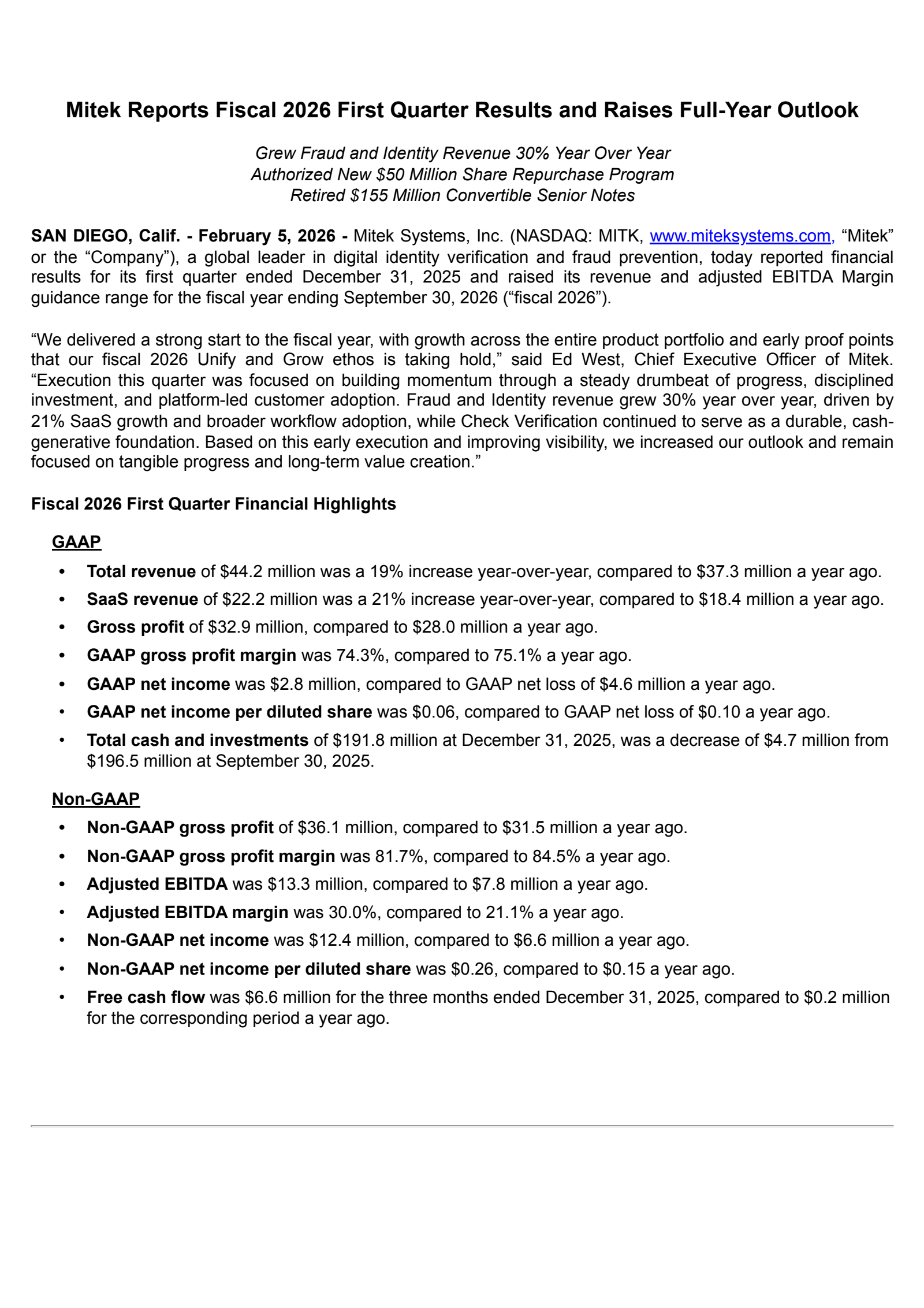 Mitek Systems' Q1 2026 Press Release