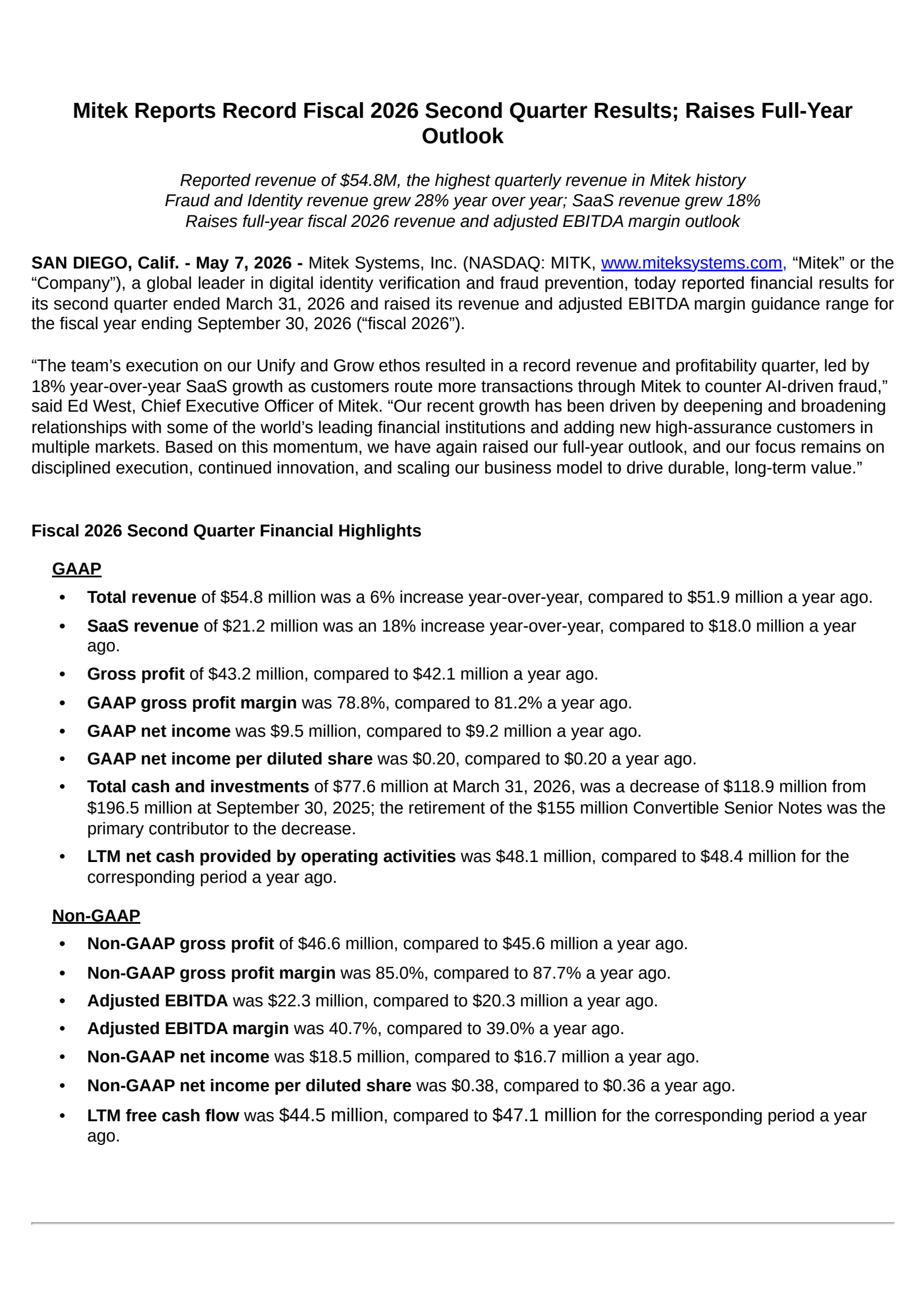 Mitek Systems' Q2 2026 Press Release