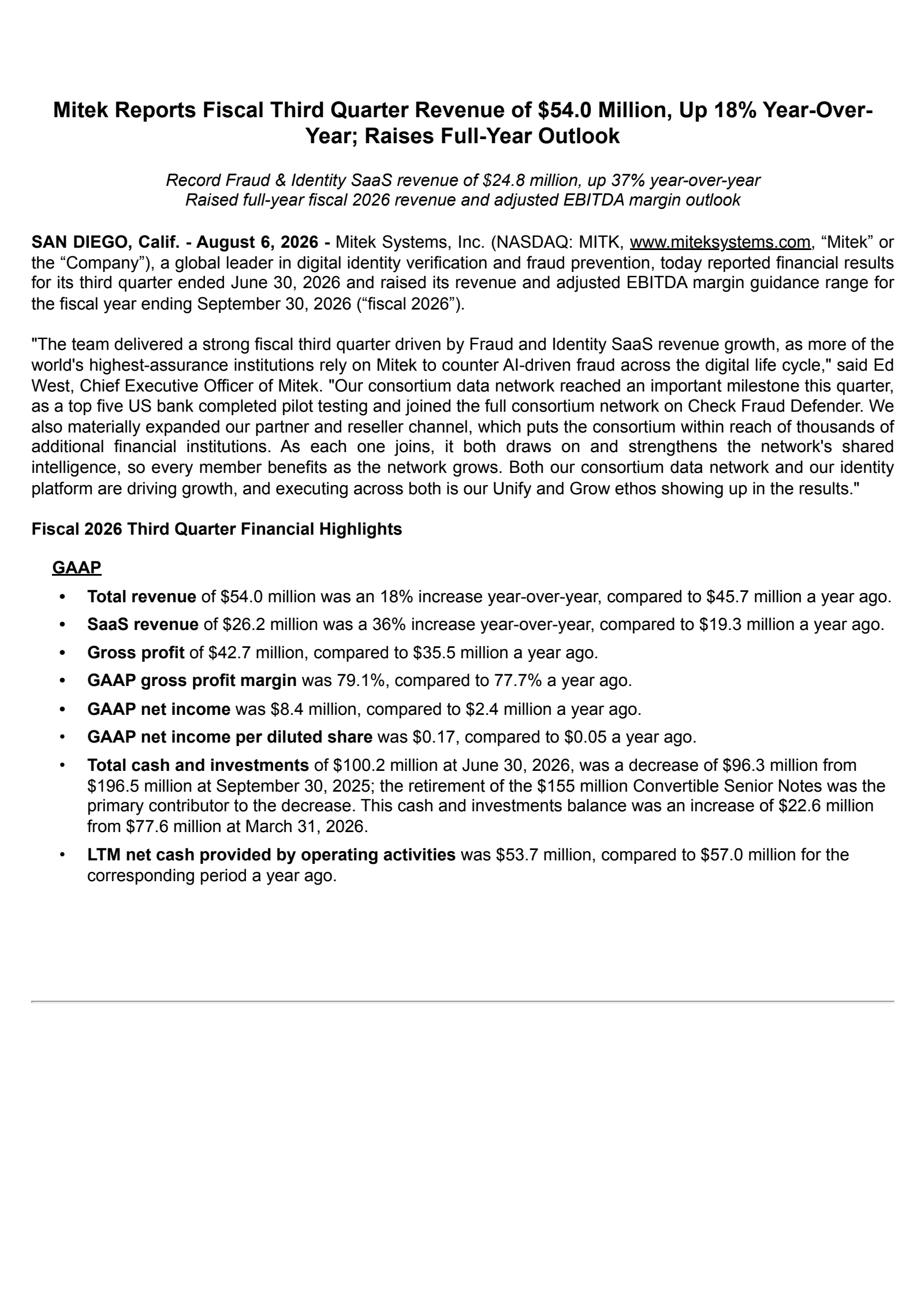 Mitek Systems' Q3 2026 Press Release