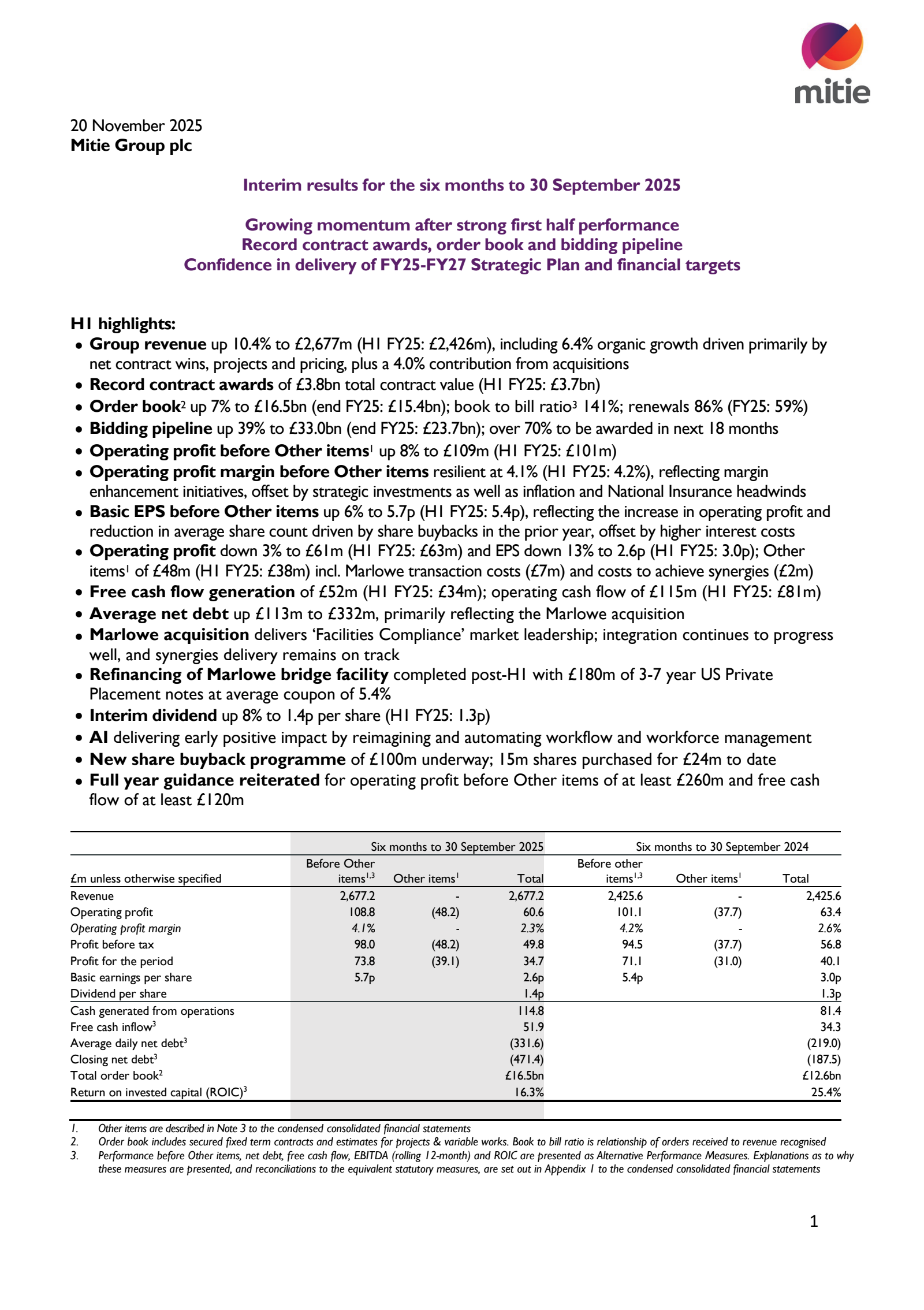Mitie Group's H1 25/26 Interim Report