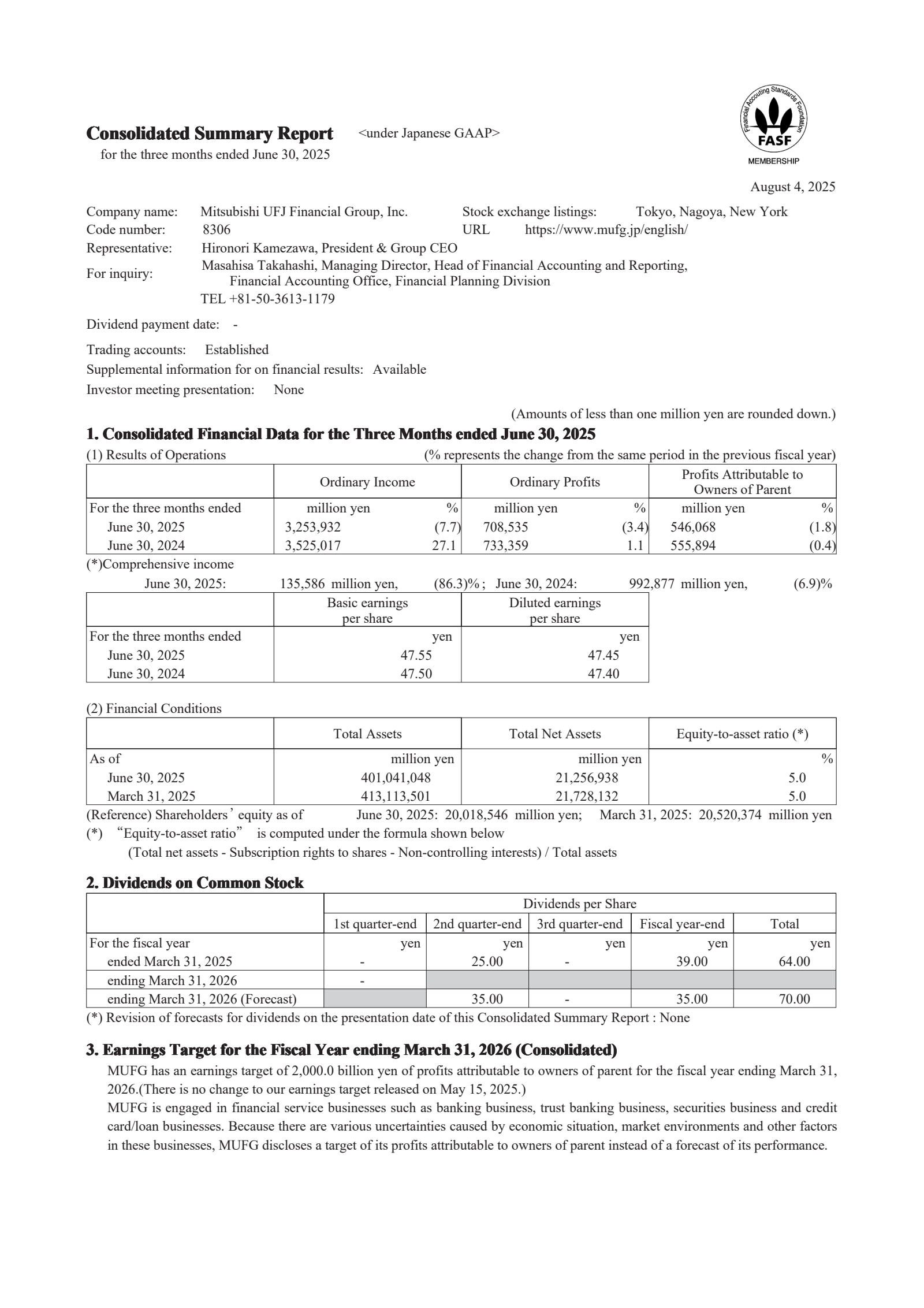 Mitsubishi UFJ Financial Group's Q1 2026 Interim report