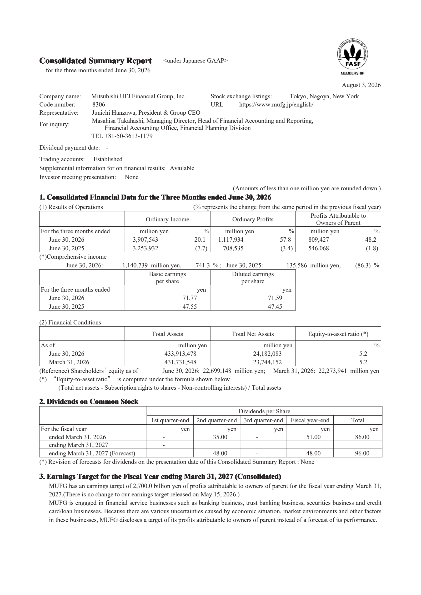 Mitsubishi UFJ Financial Group's Q1 2027 Interim report