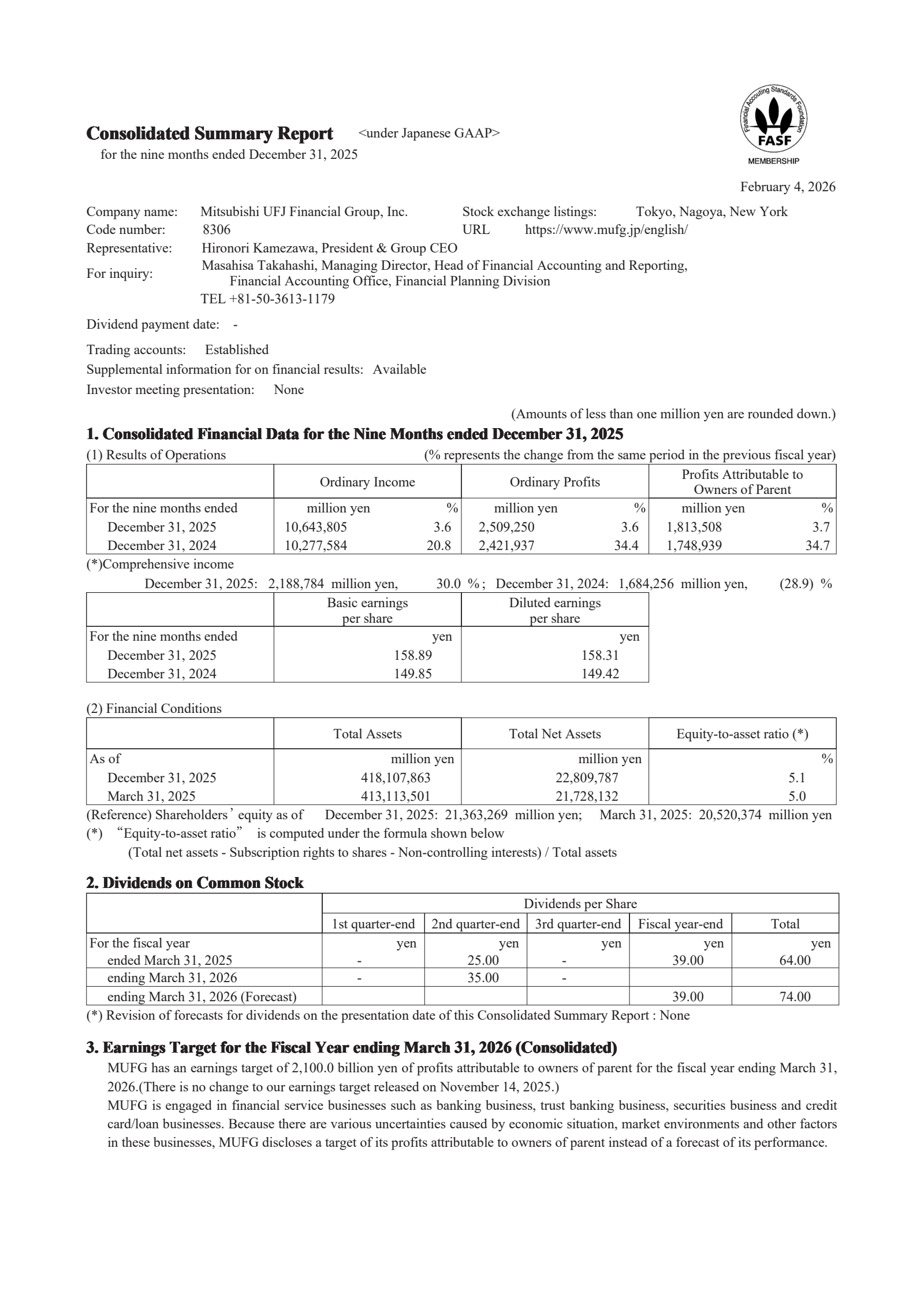 Mitsubishi UFJ Financial Group's Q3 2026 Interim report