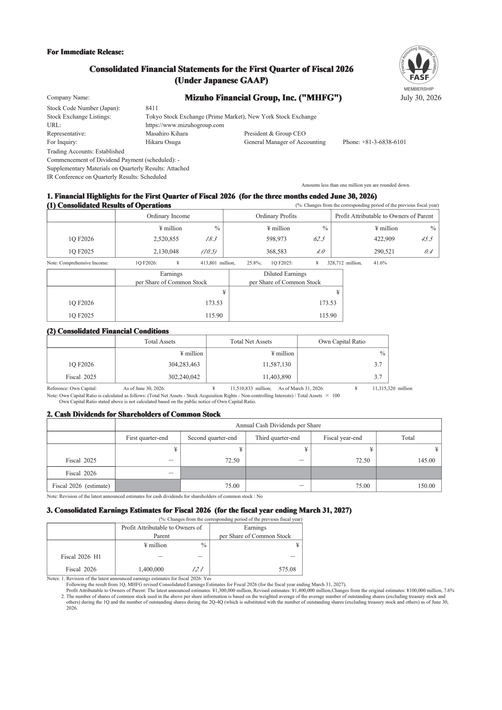 Mizuho Financial Group's Q1 2027 Interim report