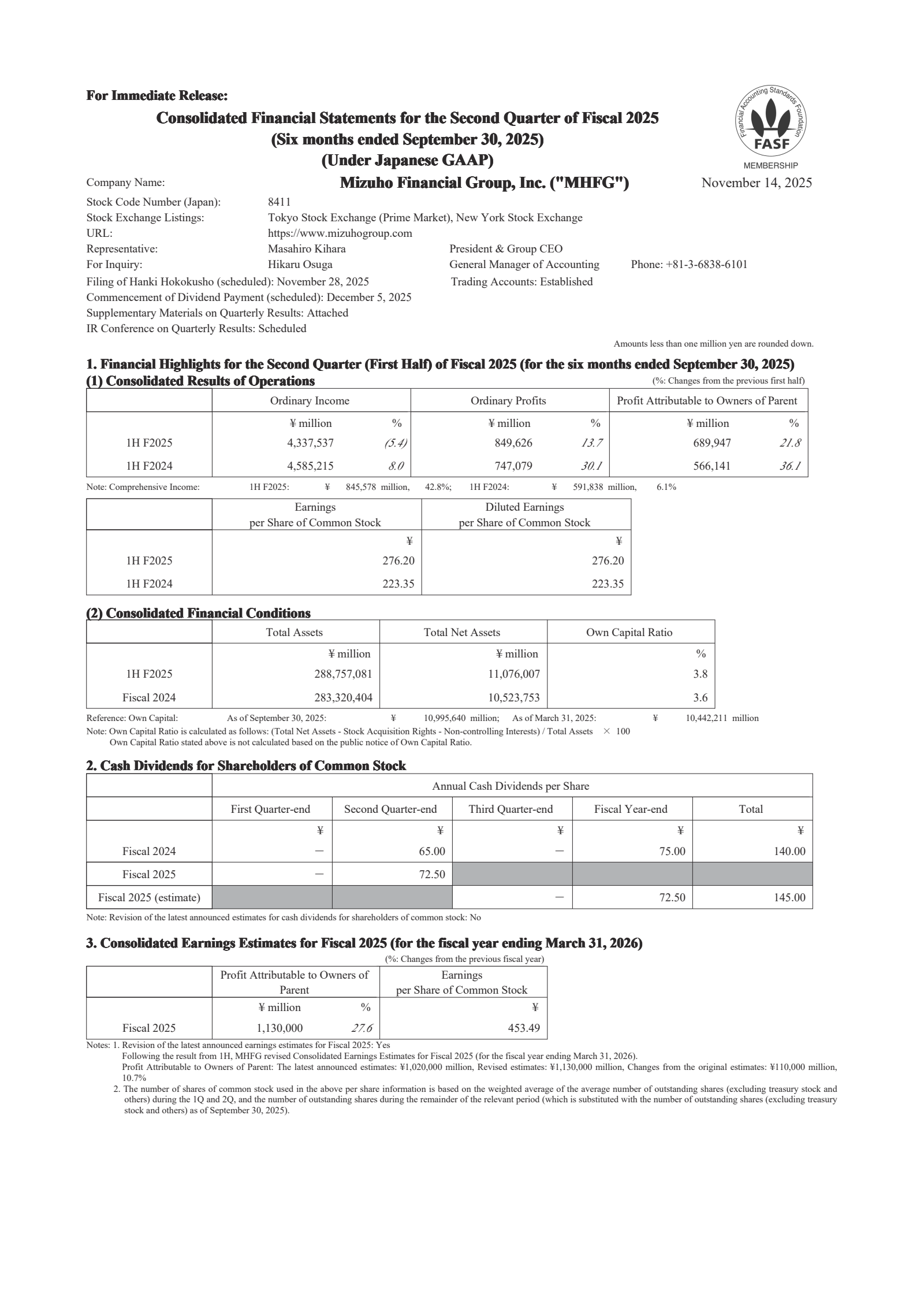 Mizuho Financial Group's Q2 2026 Interim Report