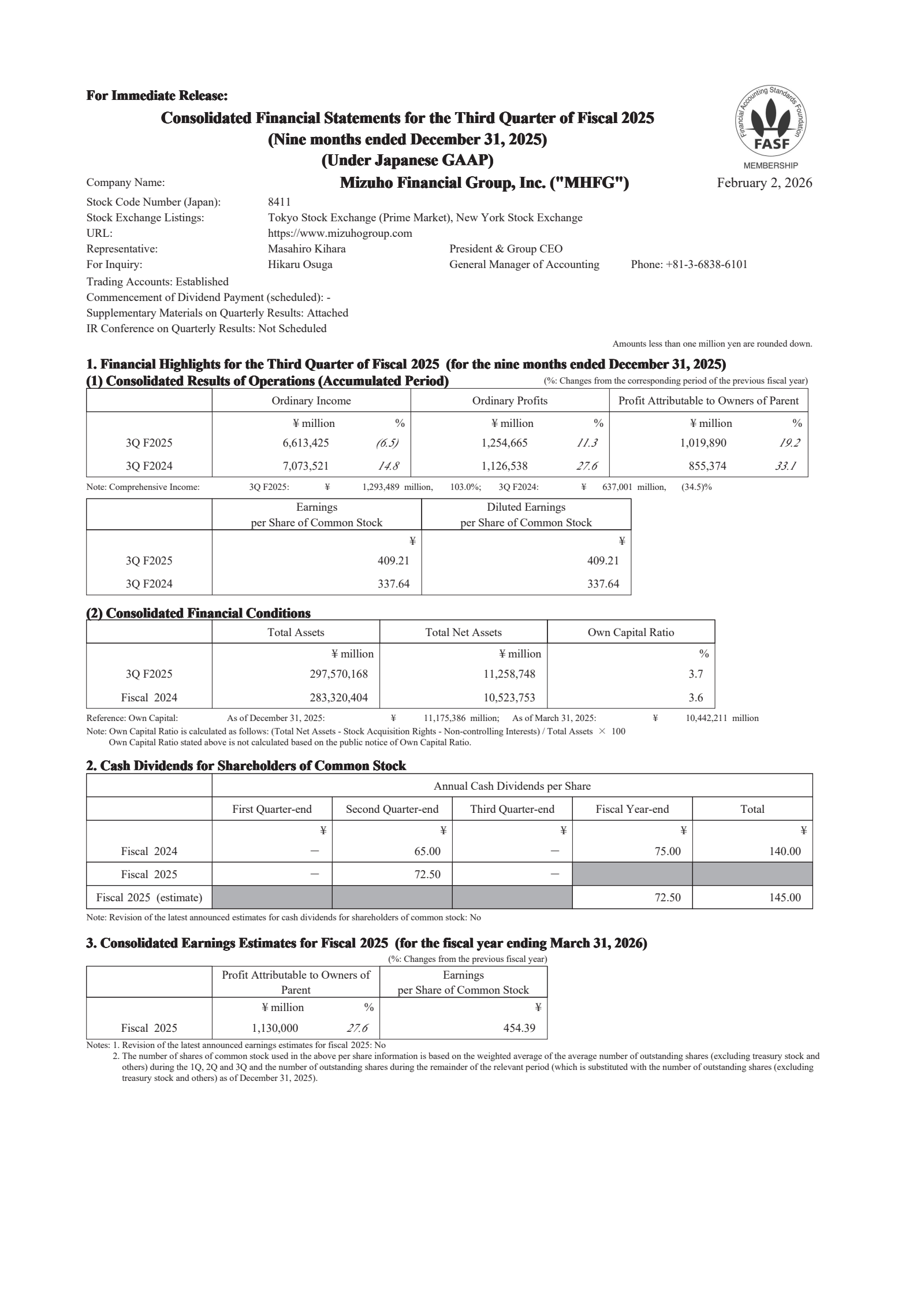 Mizuho Financial Group's Q3 2026 Interim report