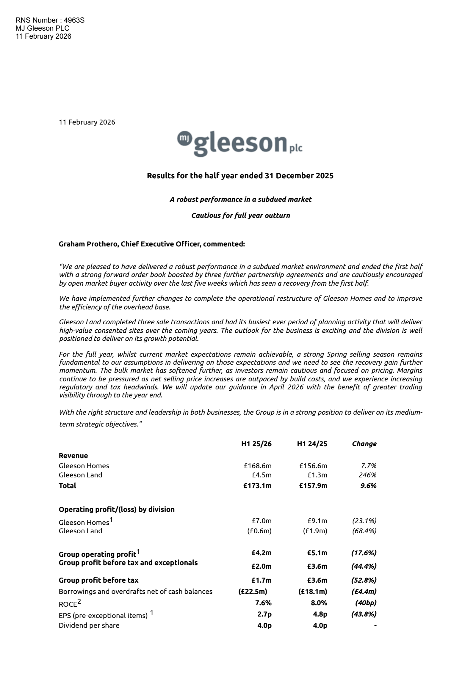 MJ Gleeson's H1 2026 Interim report