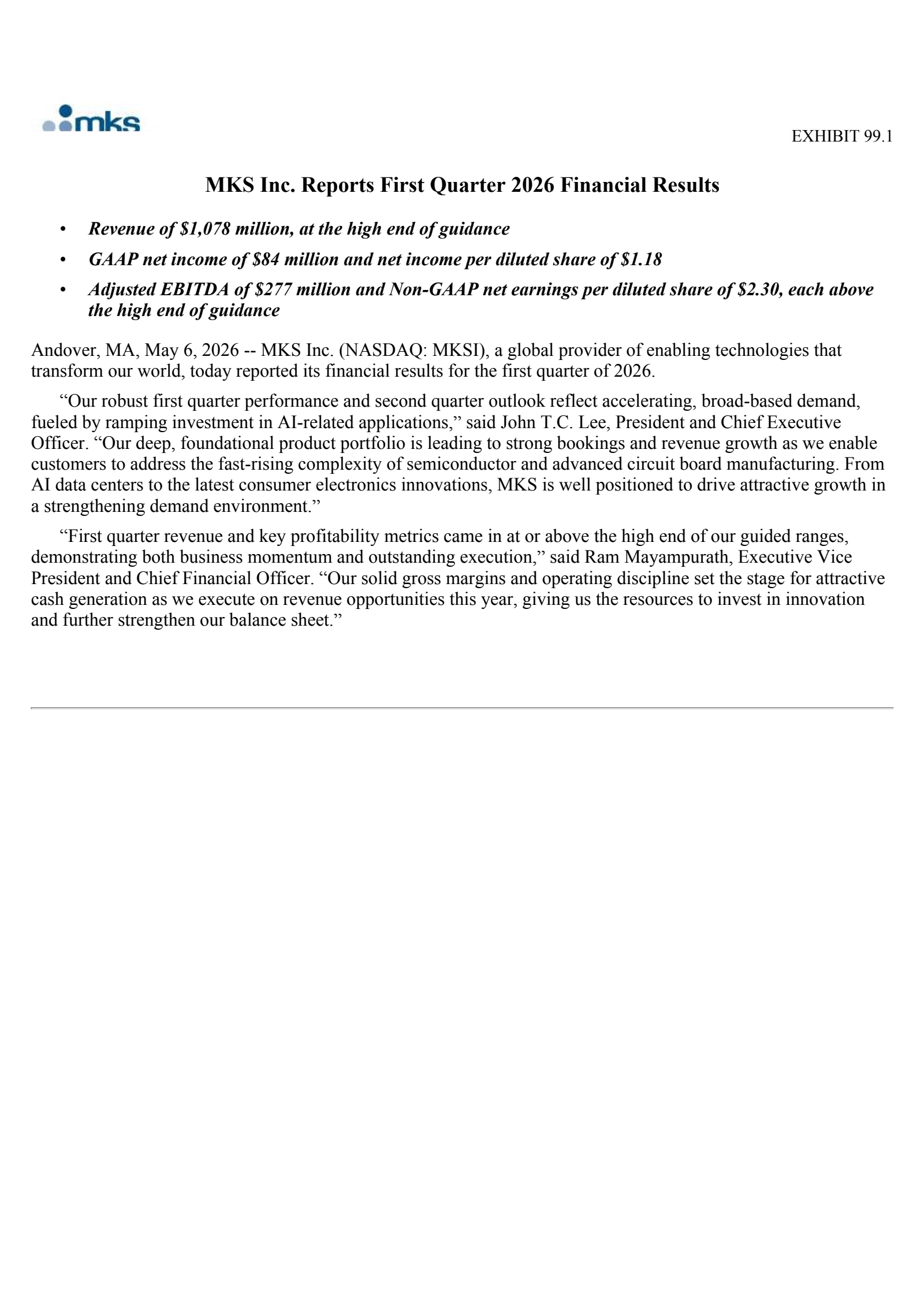 MKS's Q1 2026 Press Release