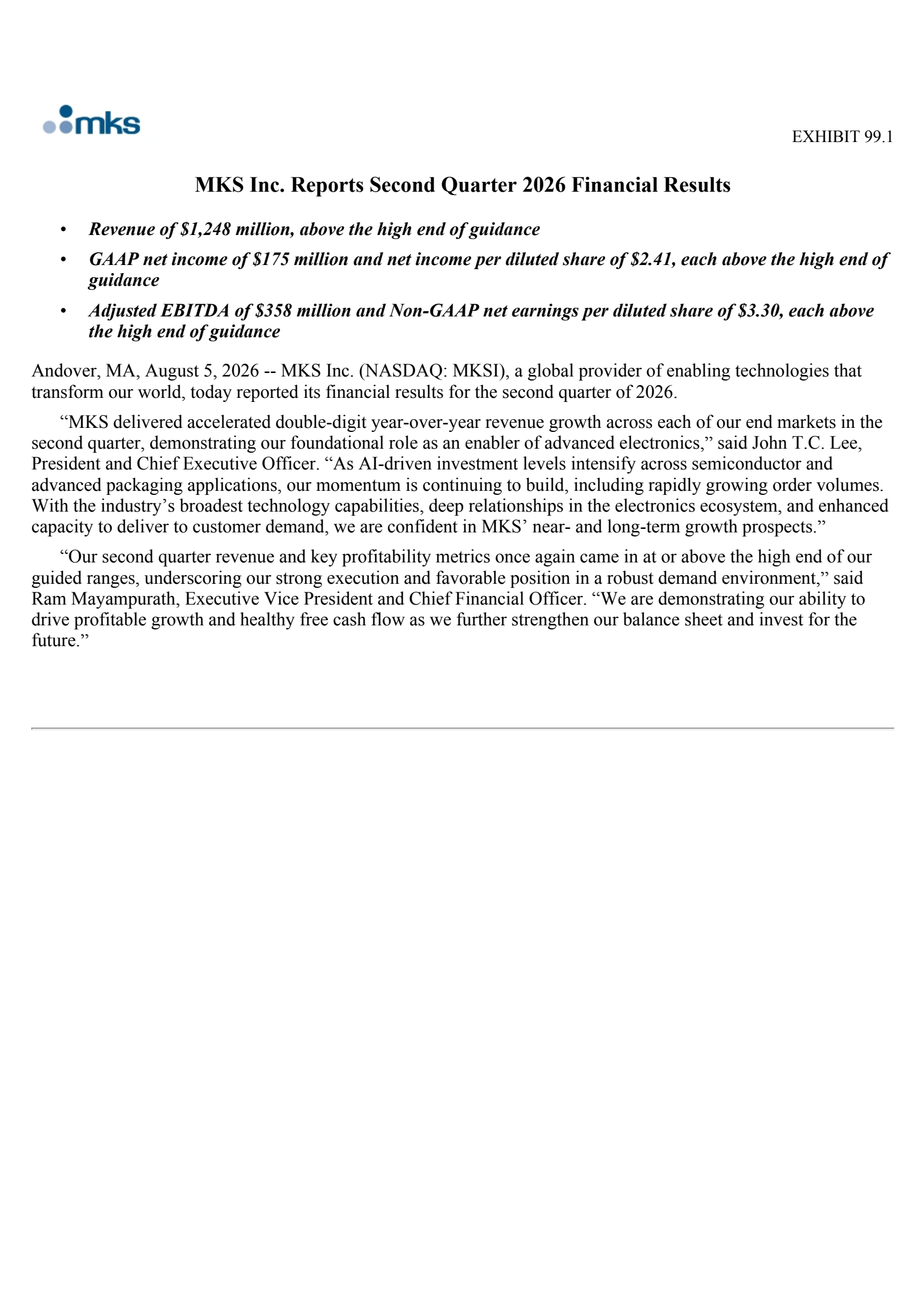 MKS's Q2 2026 Press Release