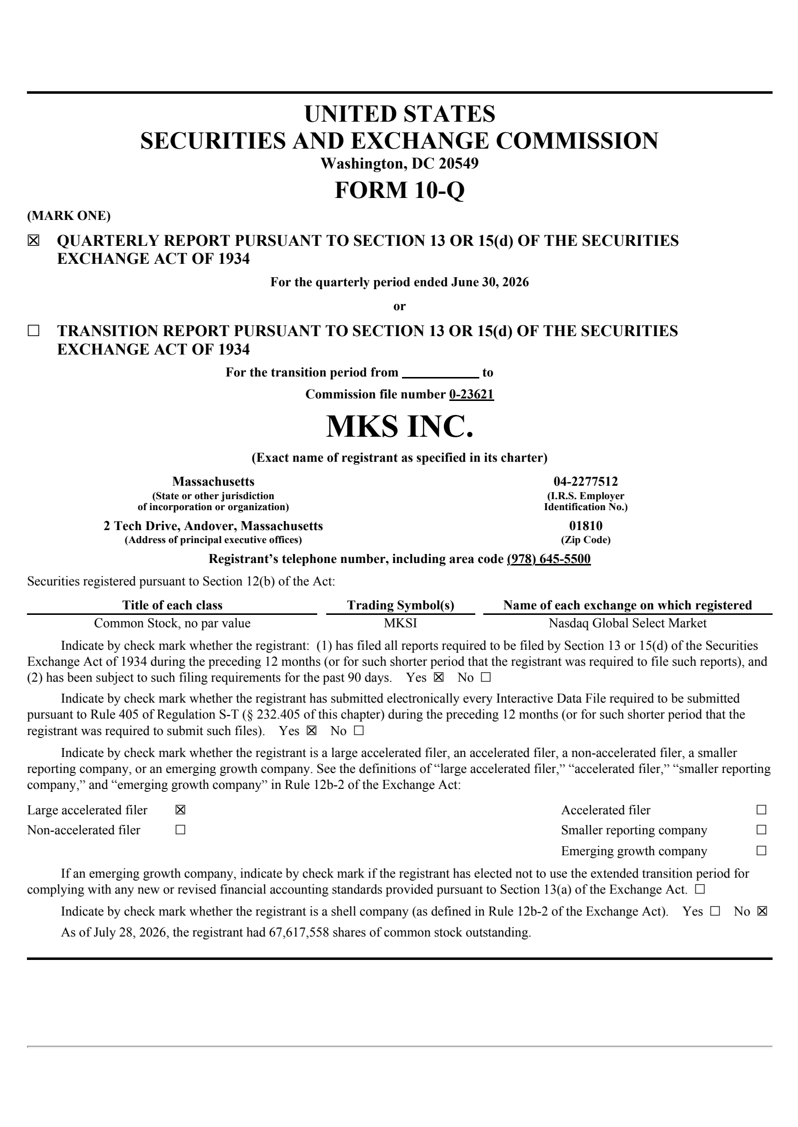 MKS's Q2 2026 Quarterly report