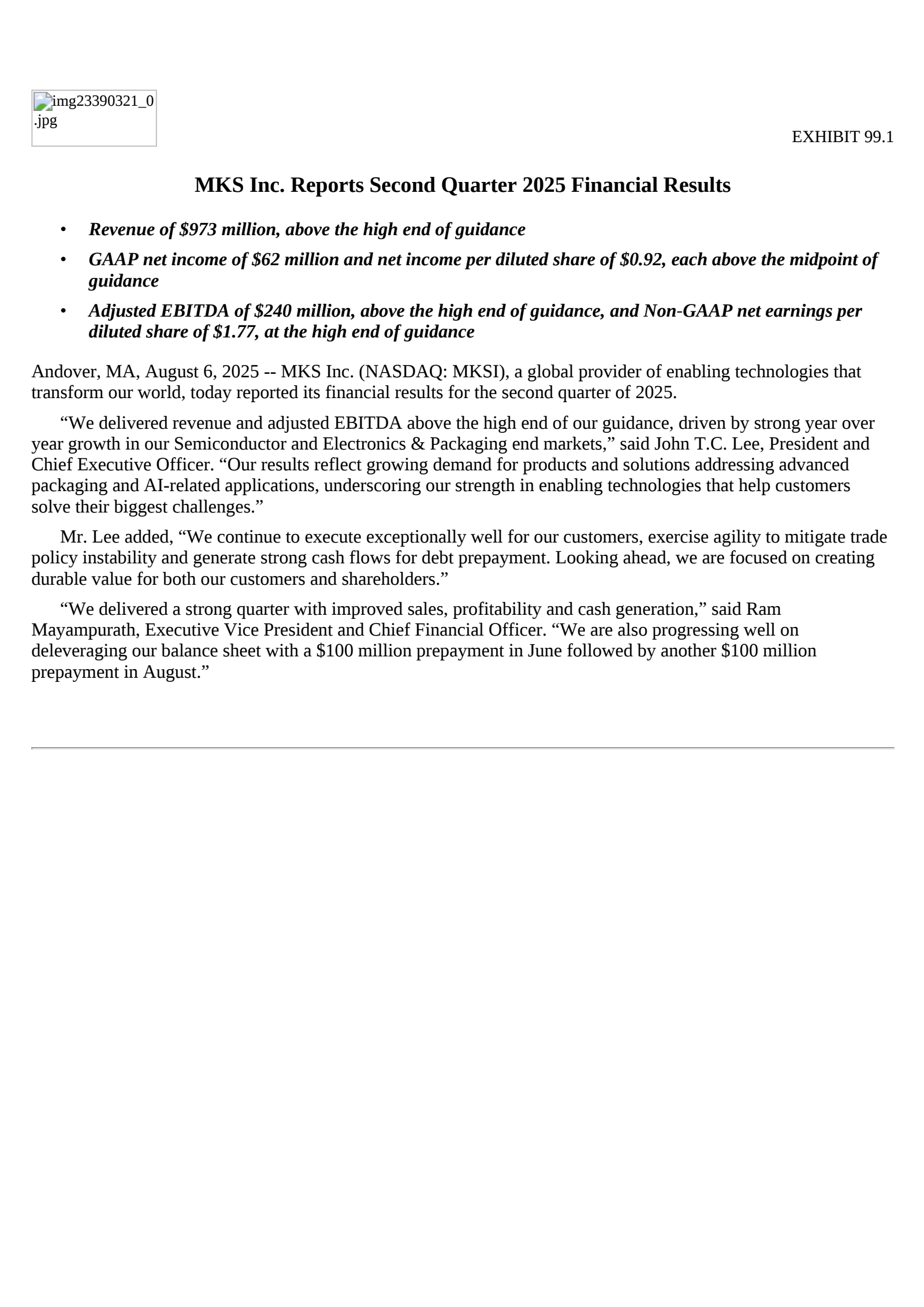 MKS's Q2 2025 Press Release