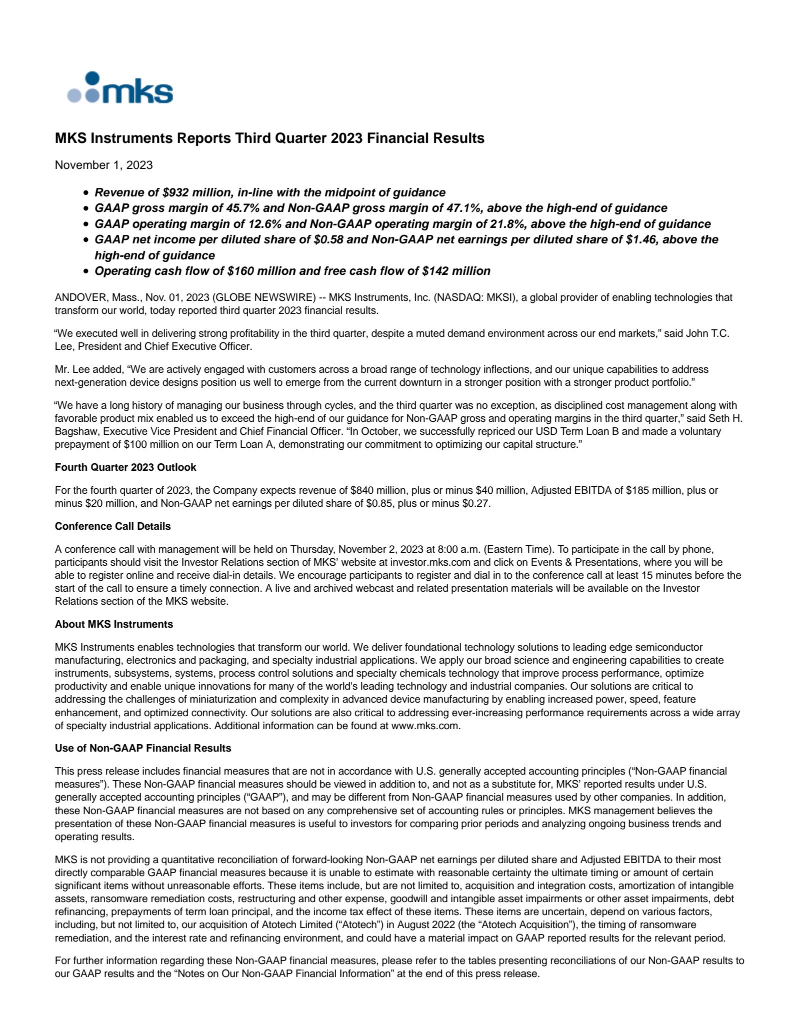 MKS Instruments' Q3 2023 Press Release