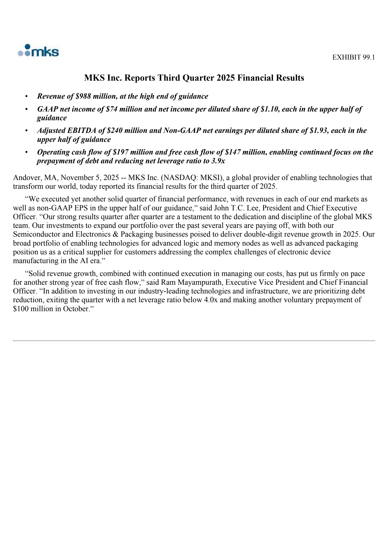 MKSI Q3 2025 Earnings Report on 11/5/2025