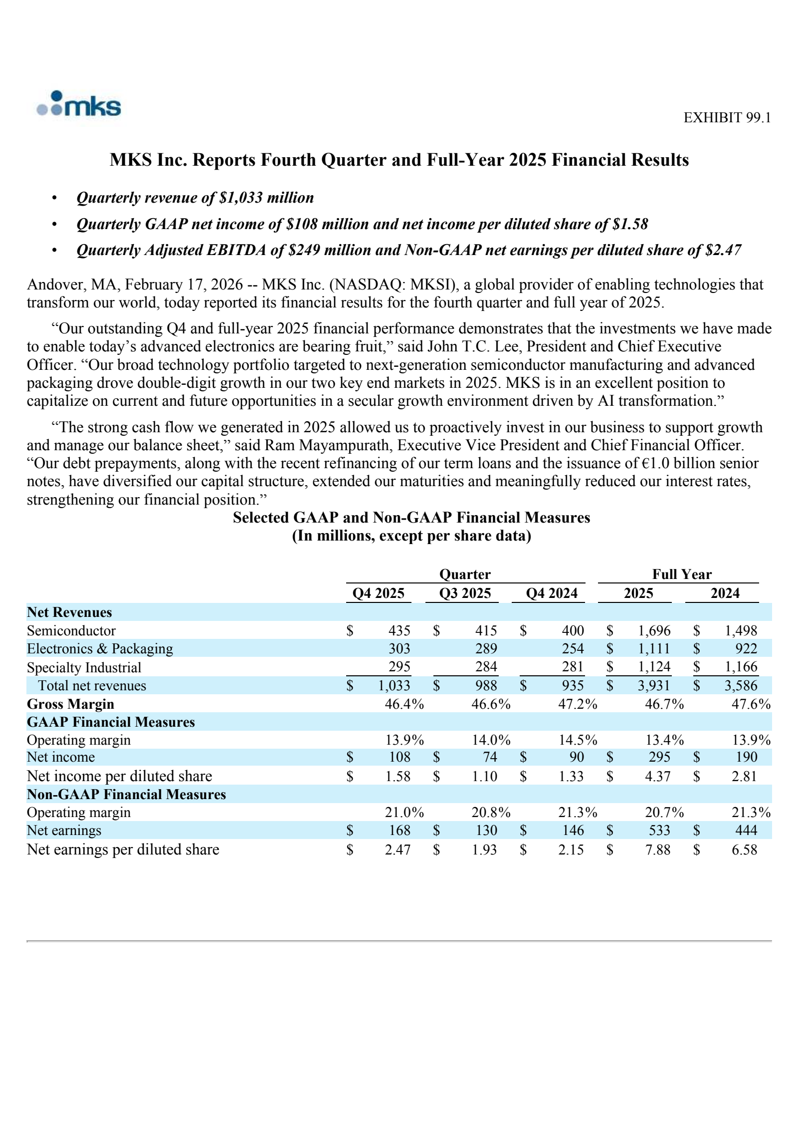 MKS's Q4 2025 Press Release