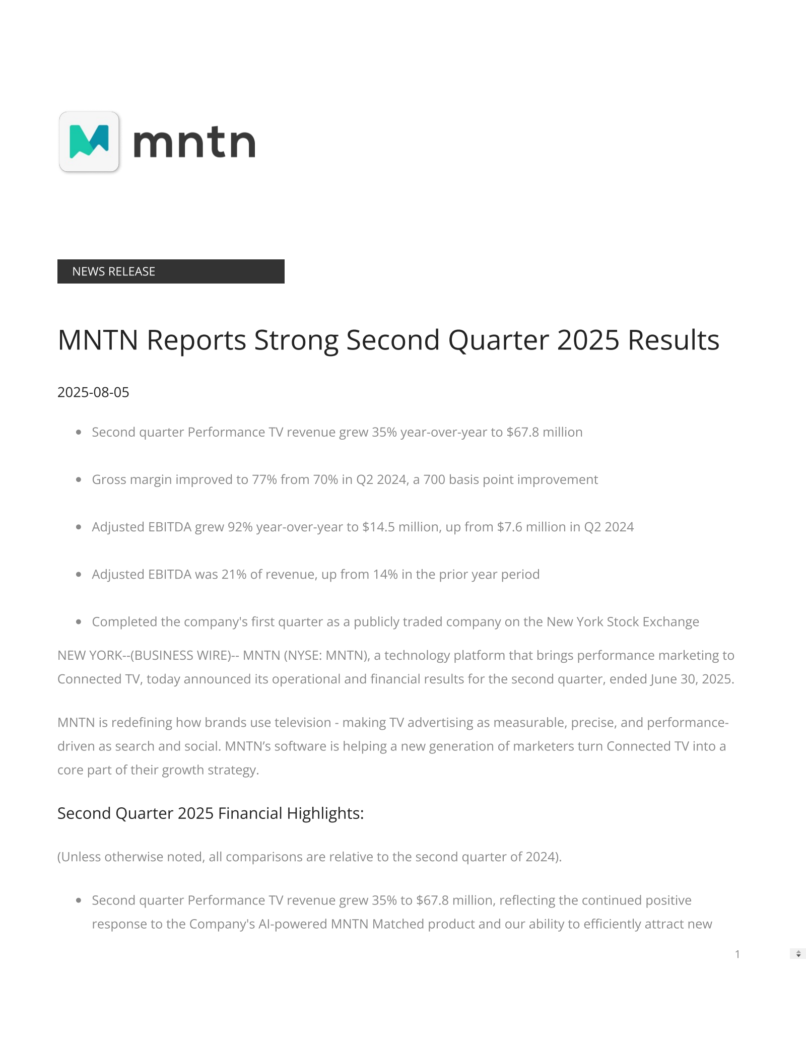 MNTN's Q2 2025 Press Release