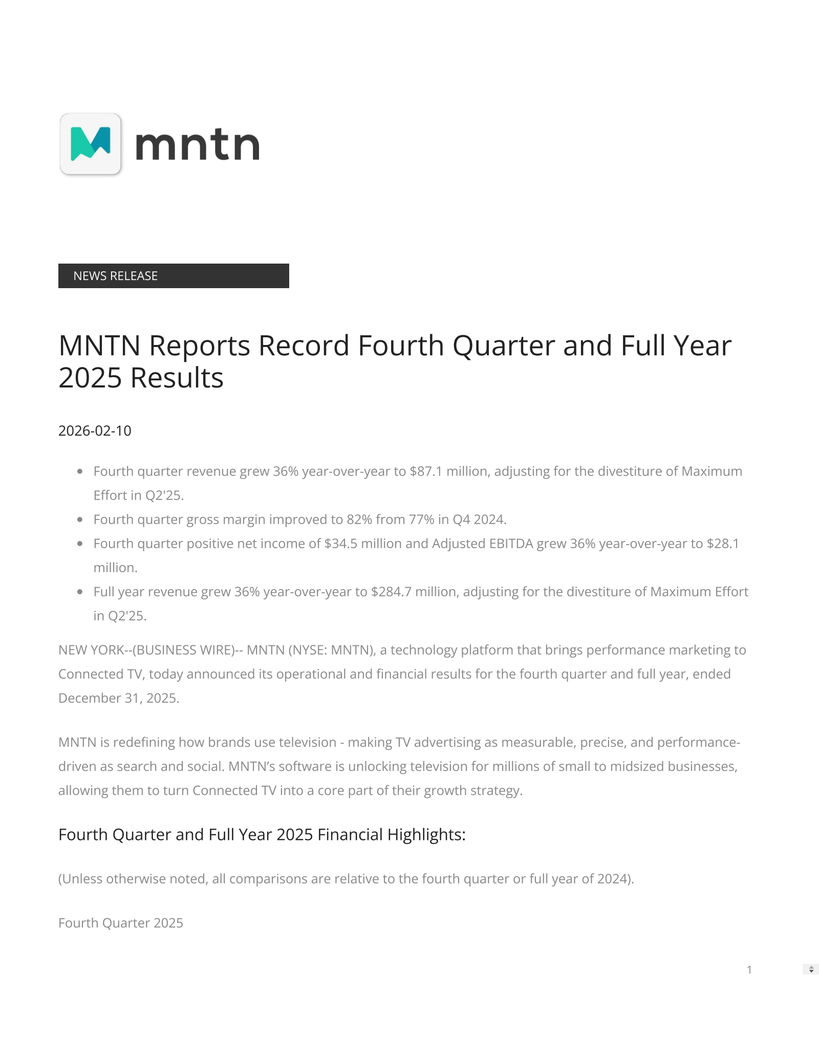 MNTN's Q4 2025 Press Release